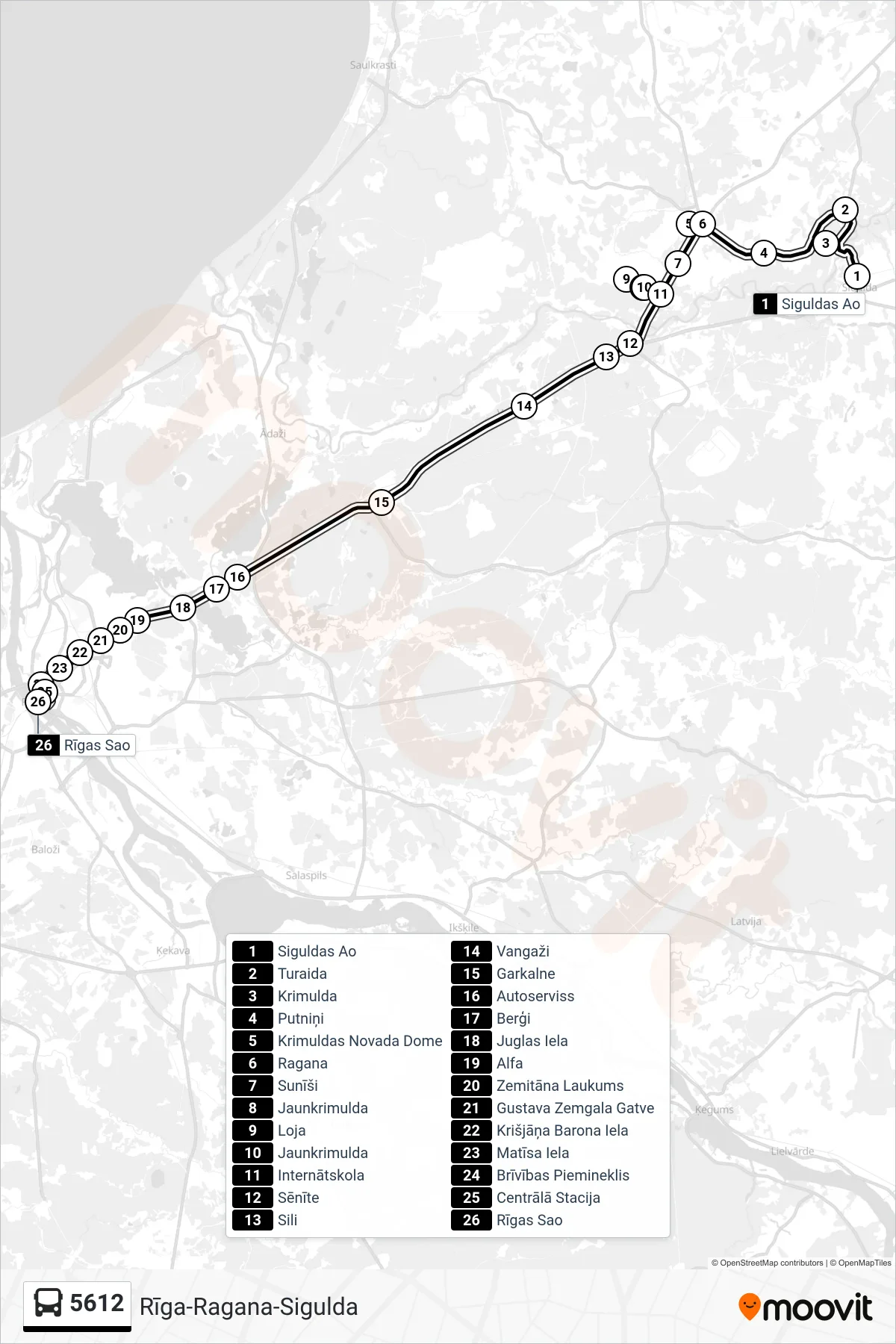 5612 bus Line (Rīgas Sao) route and stops on a map