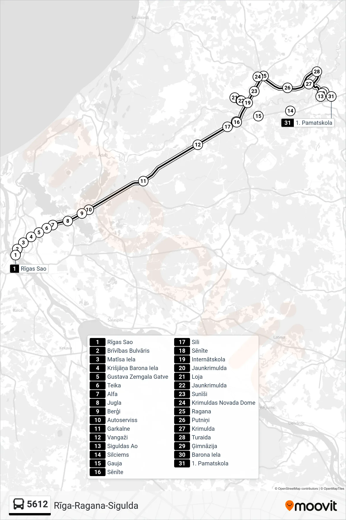5612 bus Line (Siguldas Ao) route and stops on a map
