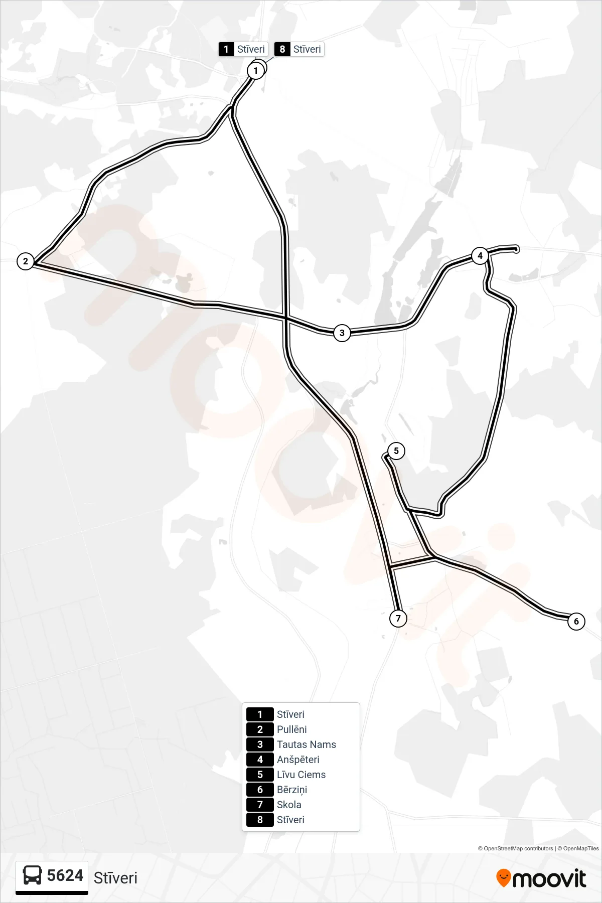 5624 bus Line (Stīveri) route and stops on a map