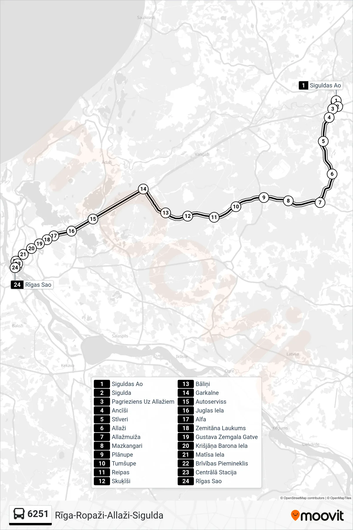 6251 bus Line (Rīgas Sao) route and stops on a map