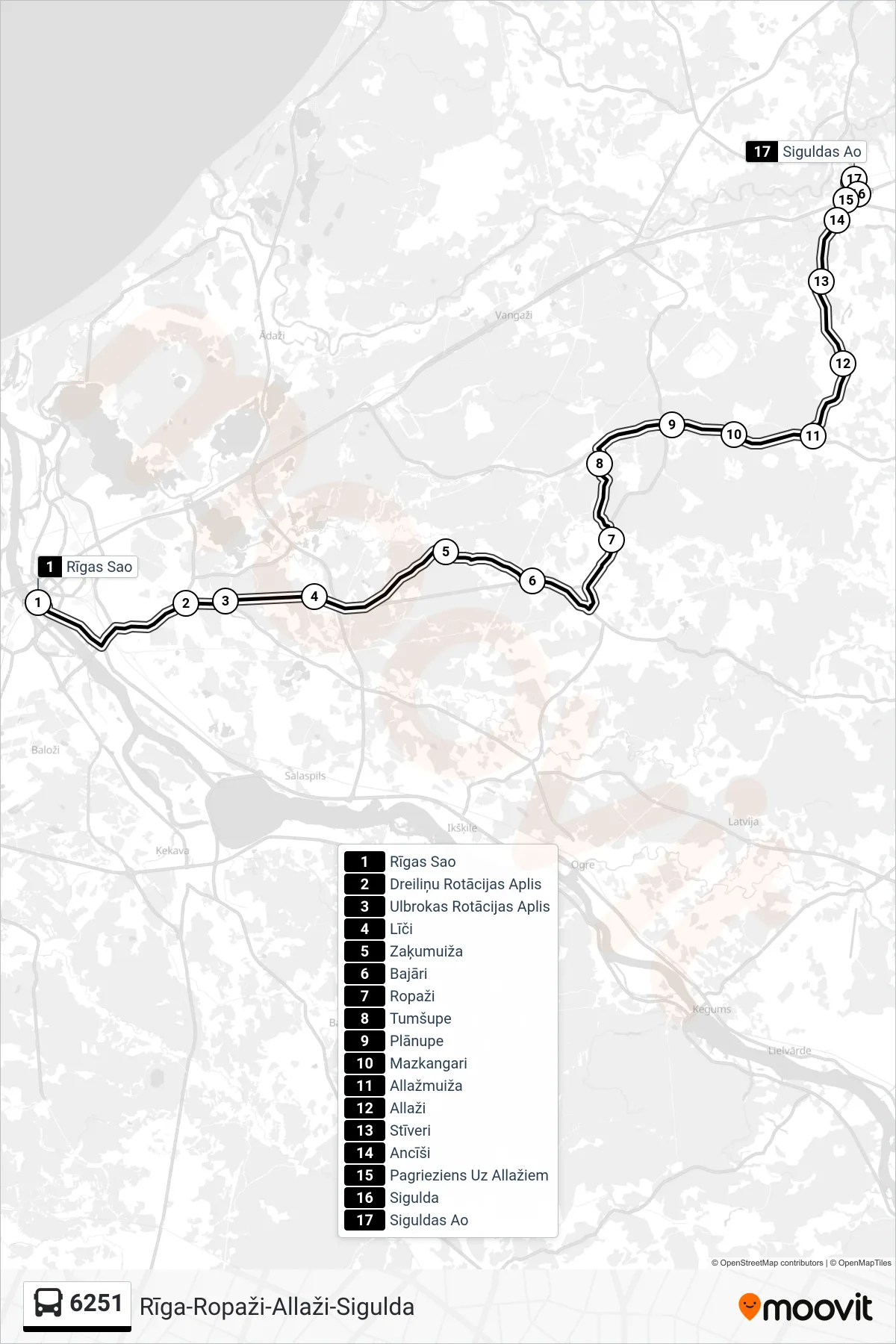 6251 bus Line (Siguldas Ao) route and stops on a map