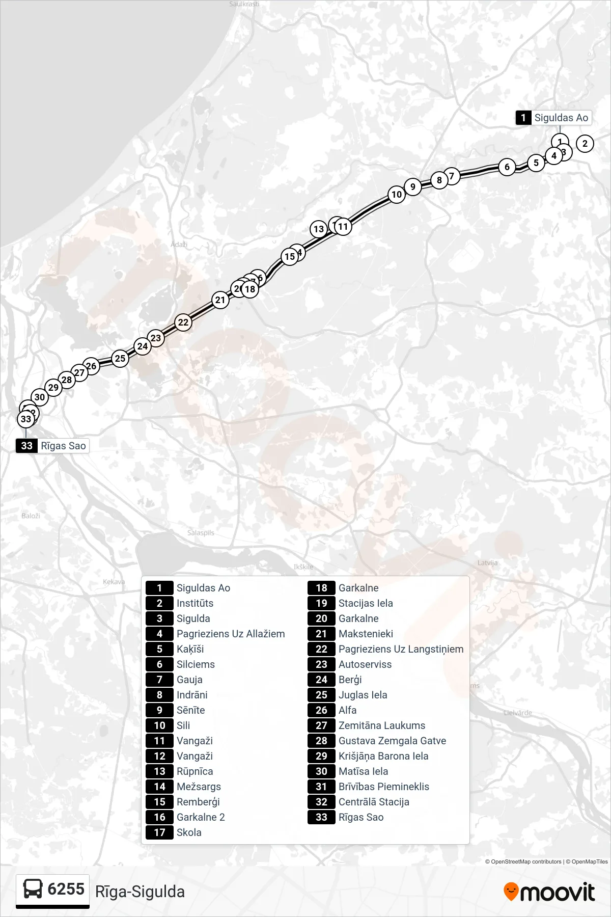 6255 bus Line (Rīgas Sao) route and stops on a map