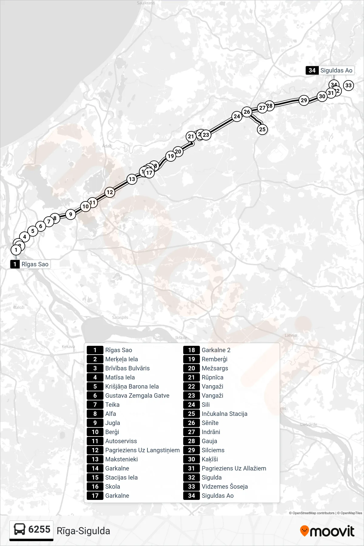 6255 bus Line (Siguldas Ao) route and stops on a map