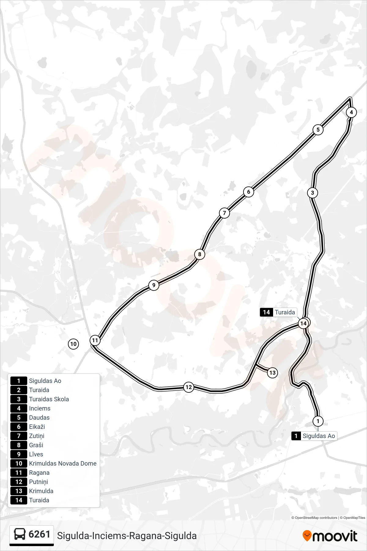 6261 bus Line (Siguldas Ao) route and stops on a map