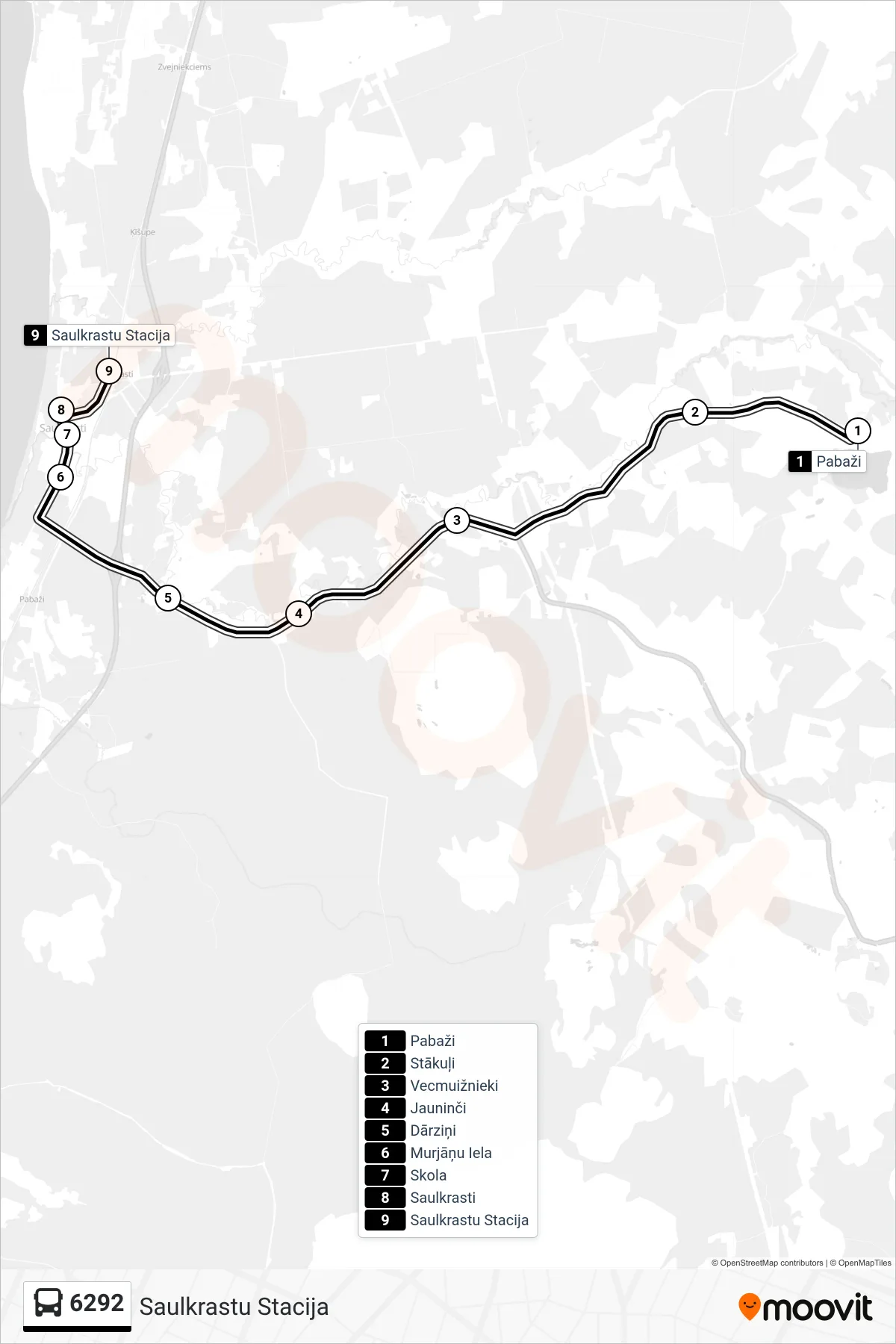 6292 bus Line (Saulkrastu Stacija) route and stops on a map