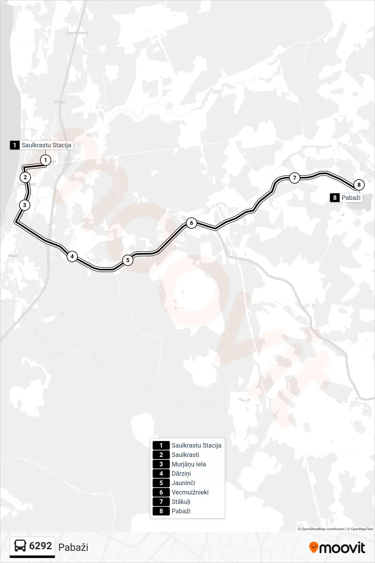 6292 bus Line (Pabaži) route and stops on a map