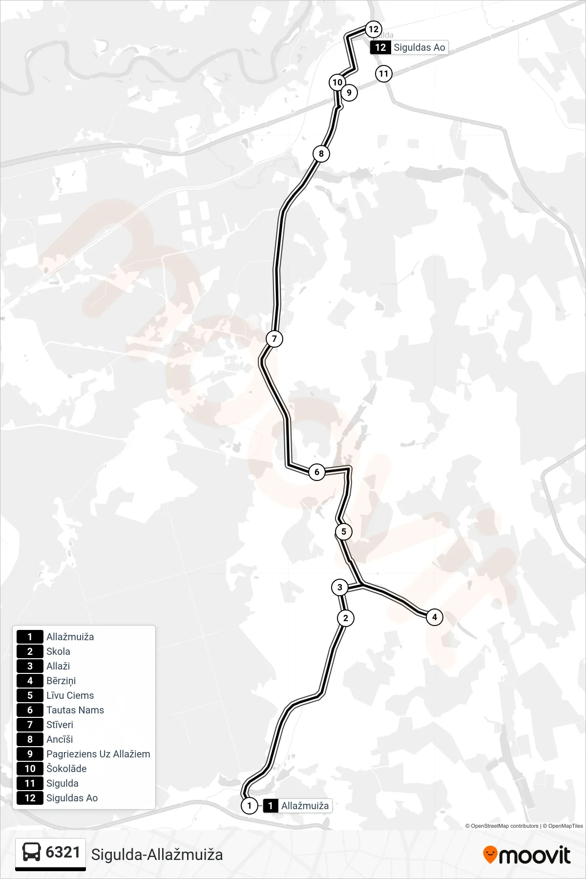 6321 bus Line (Siguldas Ao) route and stops on a map