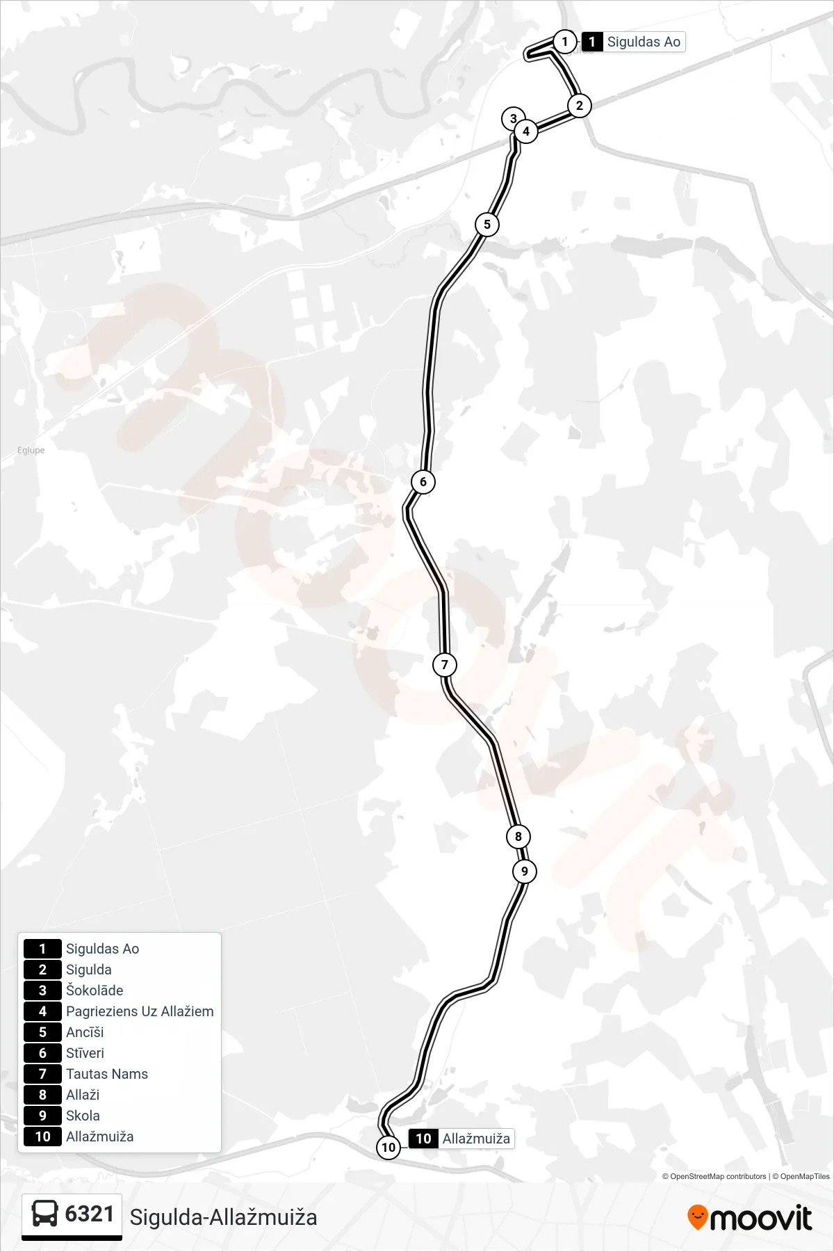 6321 bus Line (Allažmuiža) route and stops on a map