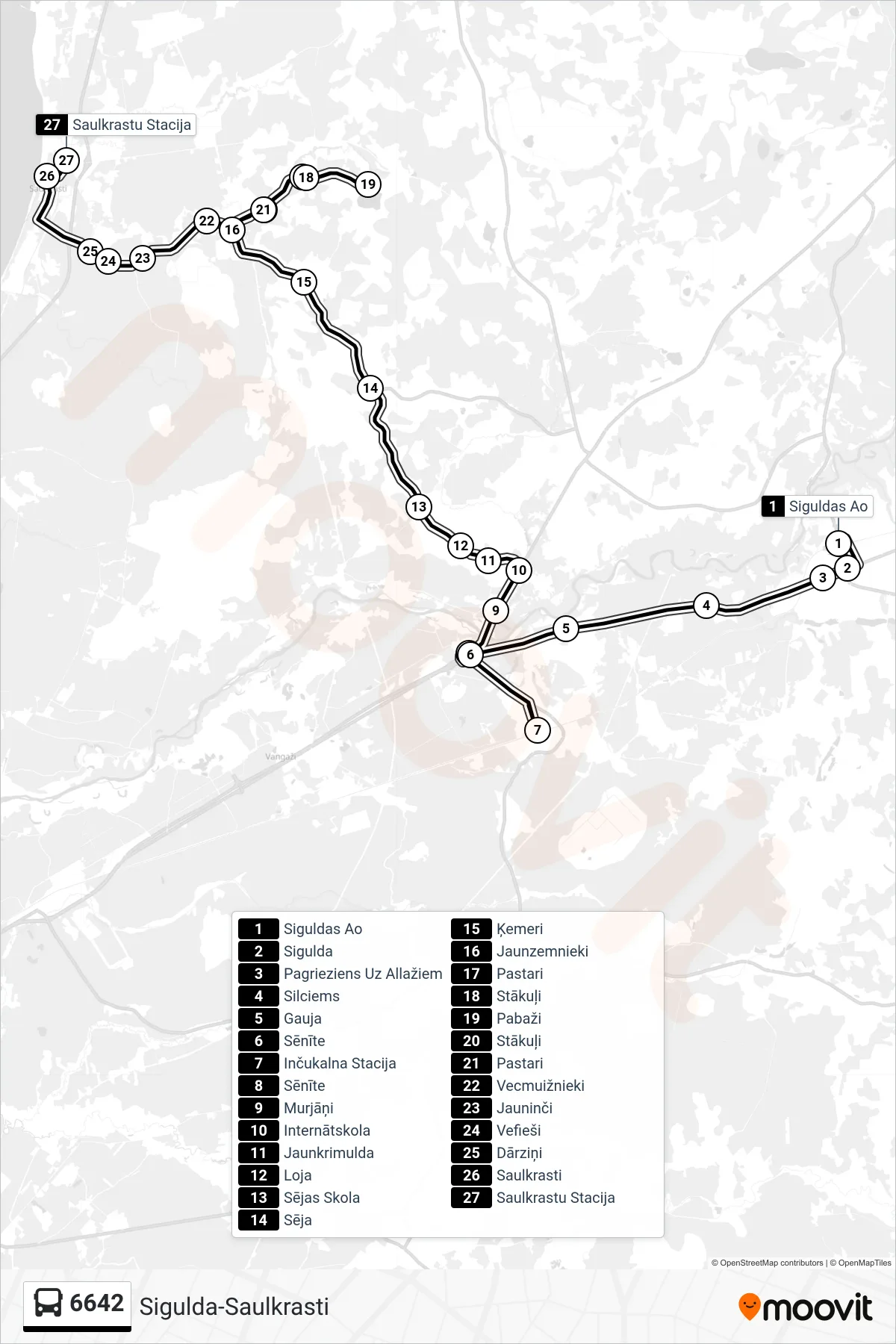 6642 bus Line (Saulkrastu Stacija) route and stops on a map