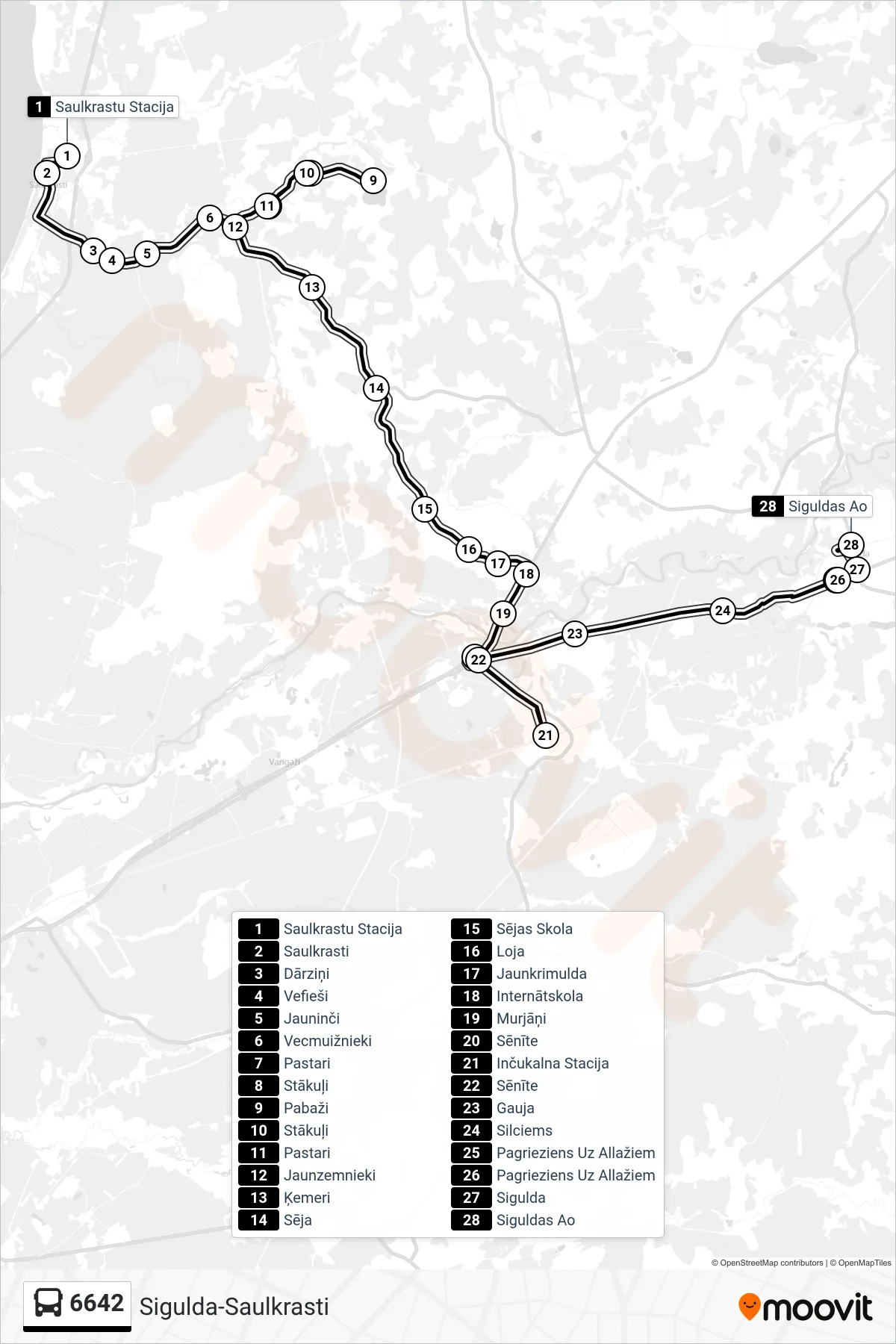 6642 bus Line (Siguldas Ao) route and stops on a map