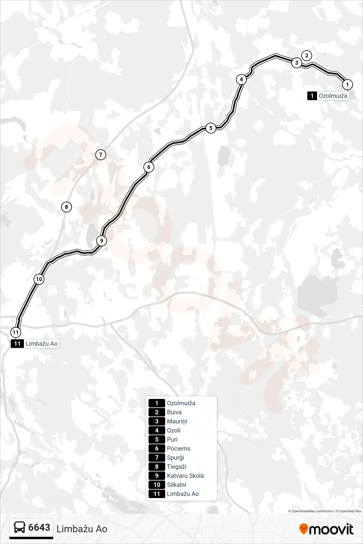 6643 bus Line (Limbažu Ao) route and stops on a map