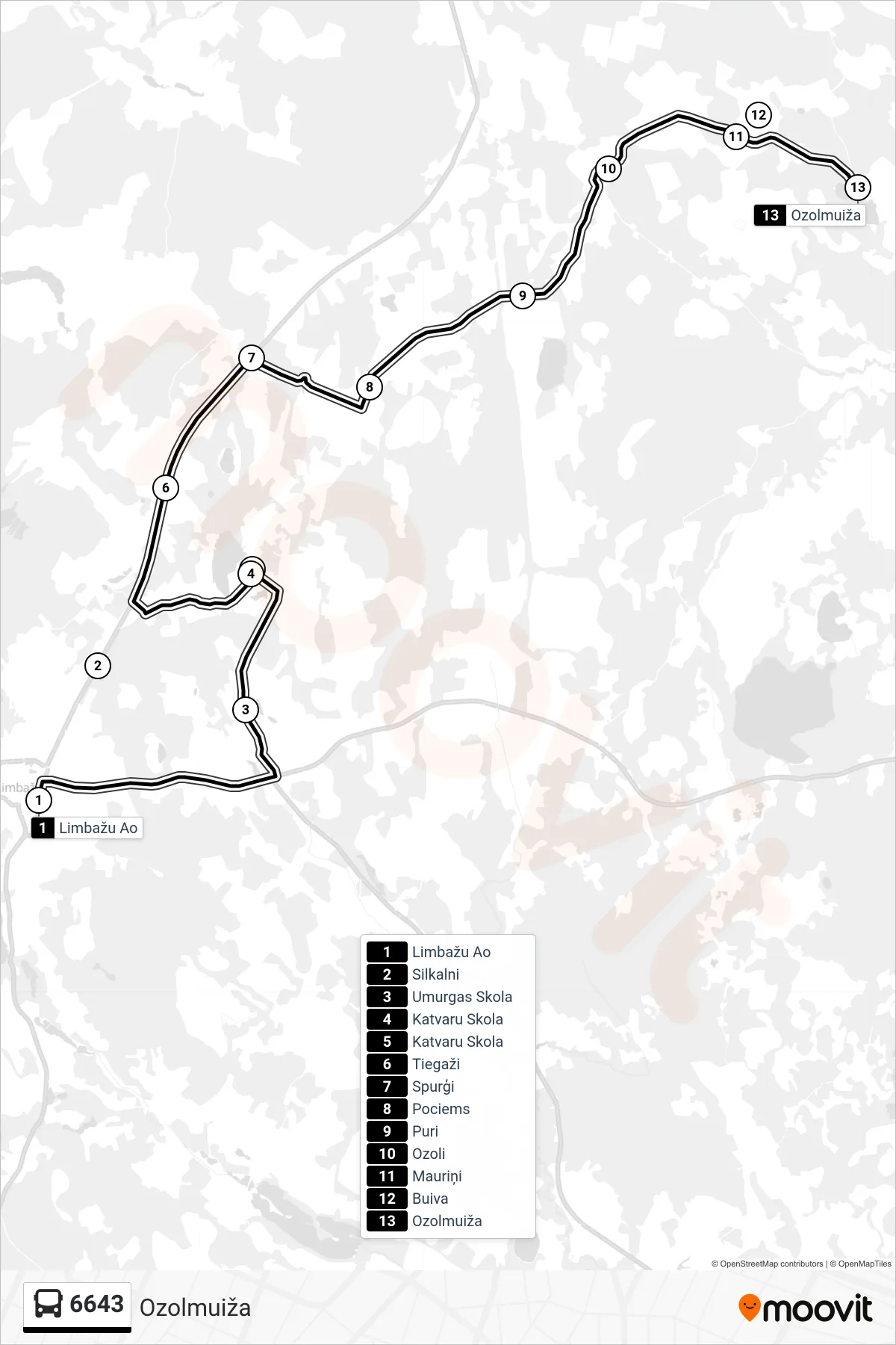 6643 bus Line (Ozolmuiža) route and stops on a map