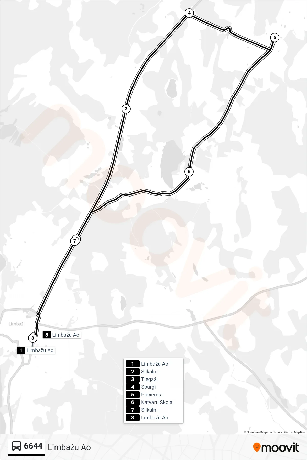 6644 bus Line (Limbažu Ao) route and stops on a map