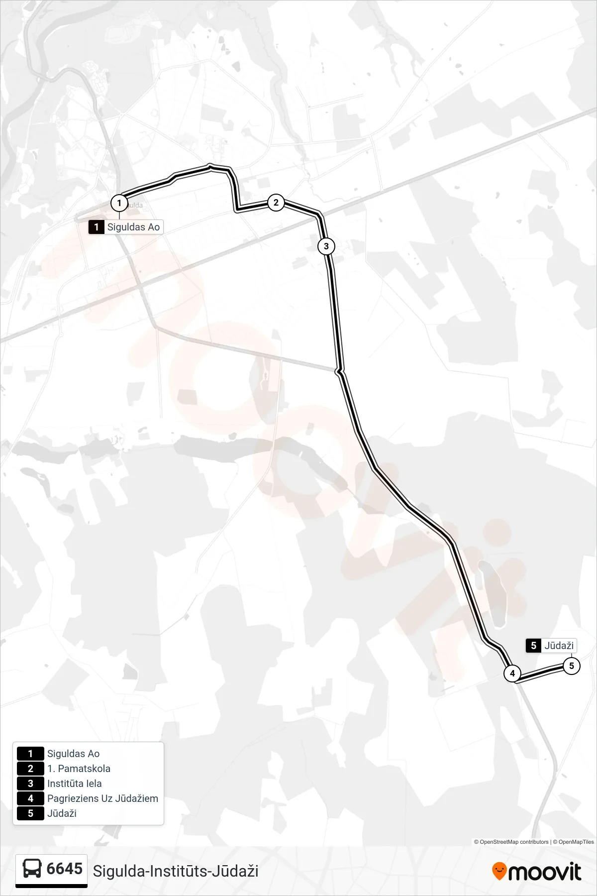 6645 bus Line (Jūdaži) route and stops on a map