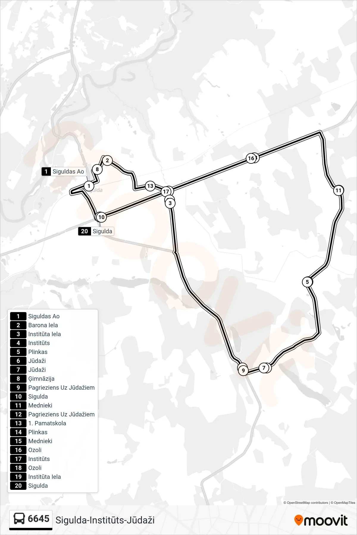 6645 bus Line (Siguldas Ao) route and stops on a map