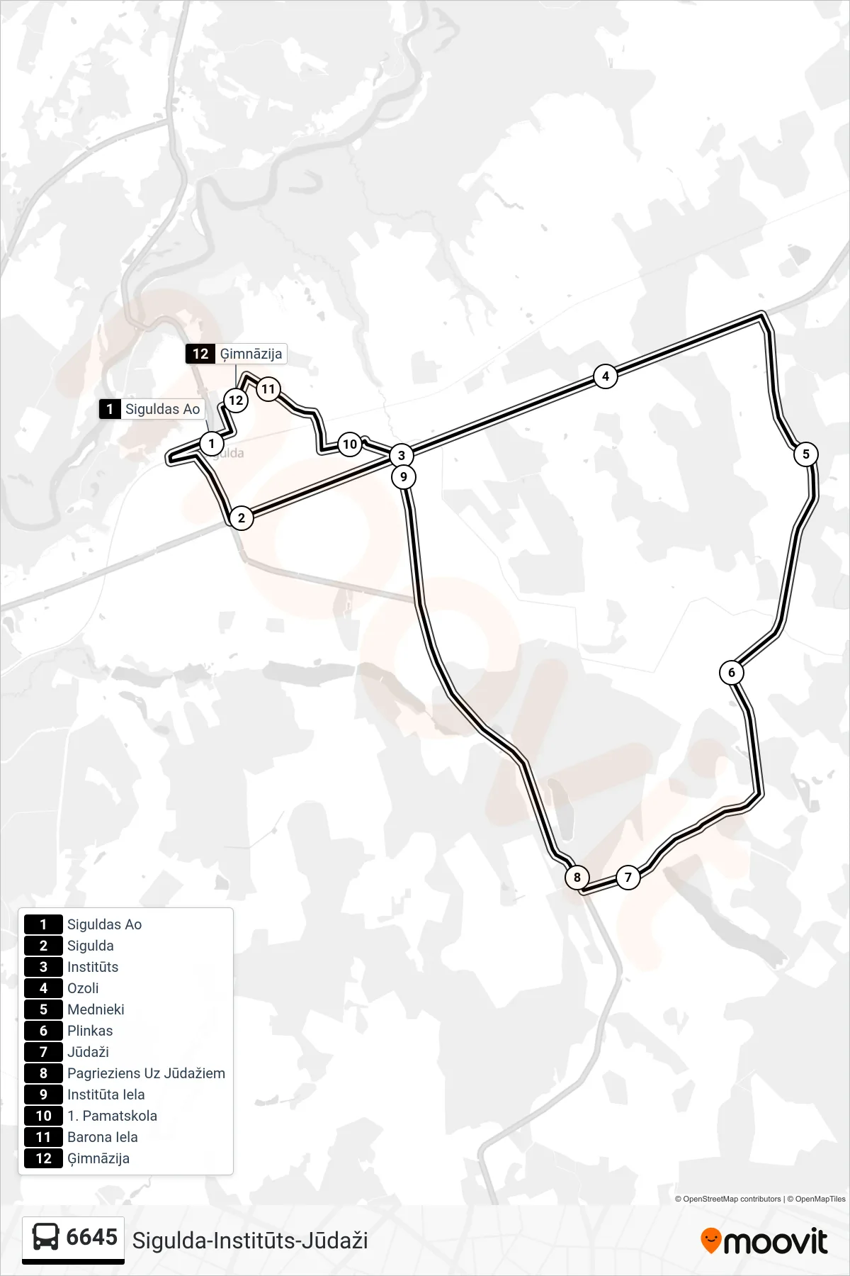 6645 bus Line (Siguldas Ao) route and stops on a map