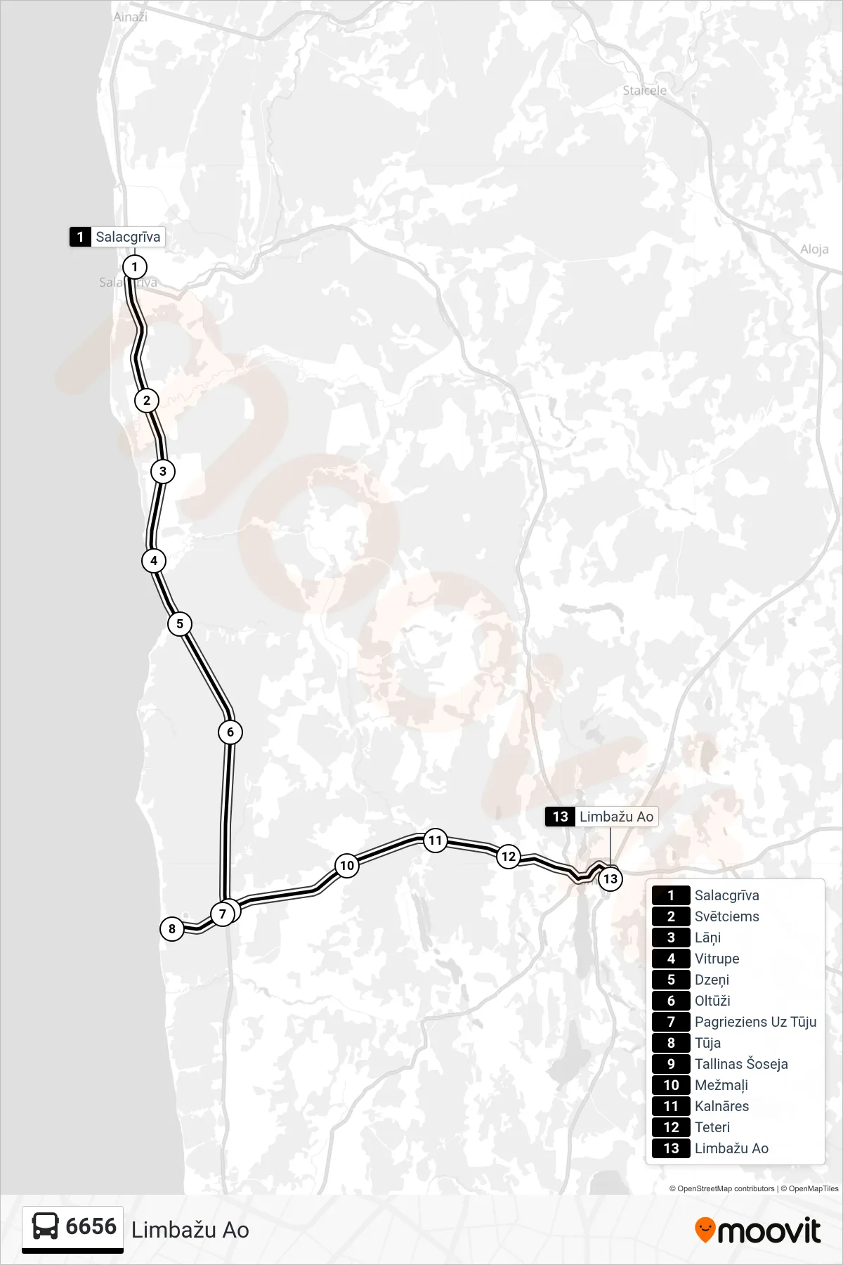 6656 bus Line (Limbažu Ao) route and stops on a map