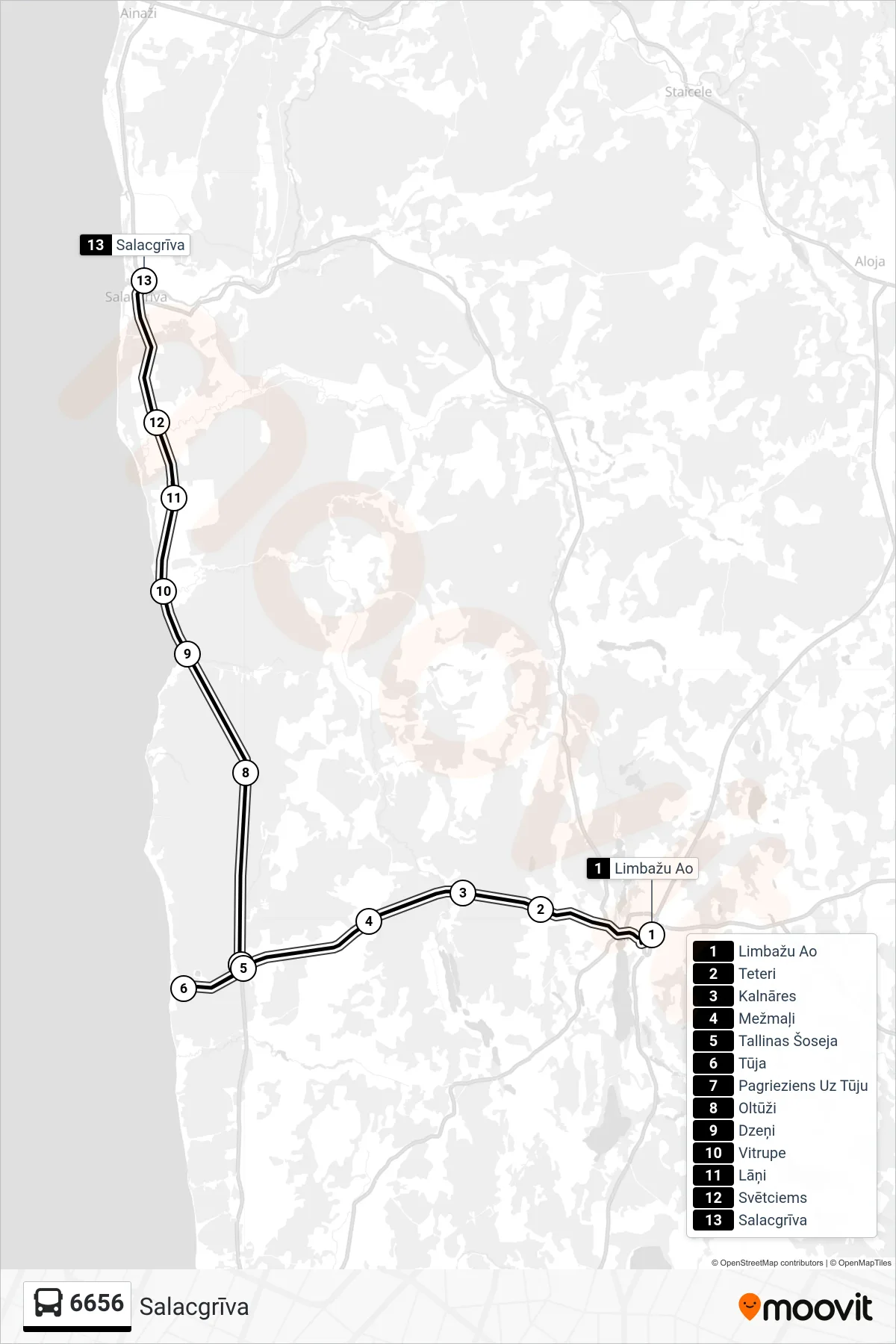 6656 bus Line (Salacgrīva) route and stops on a map
