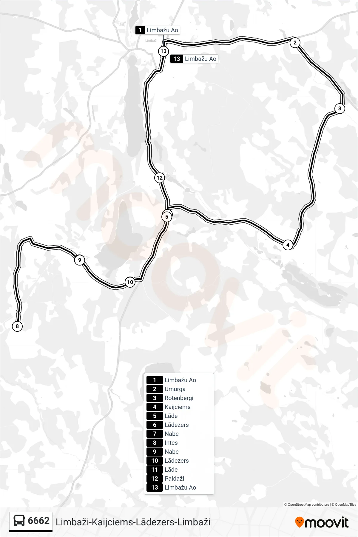 6662 bus Line (Limbažu Ao) route and stops on a map