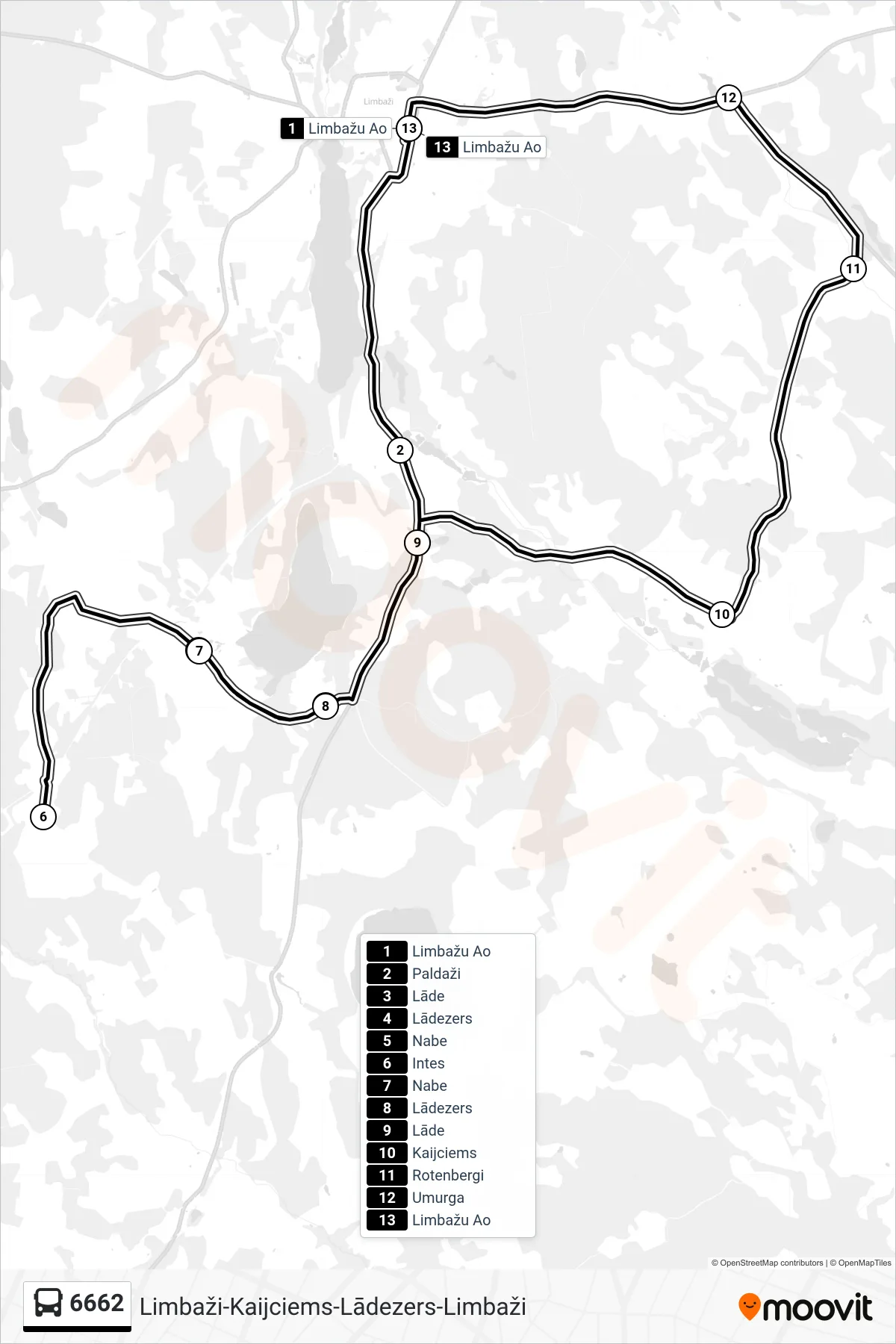 6662 bus Line (Limbažu Ao) route and stops on a map