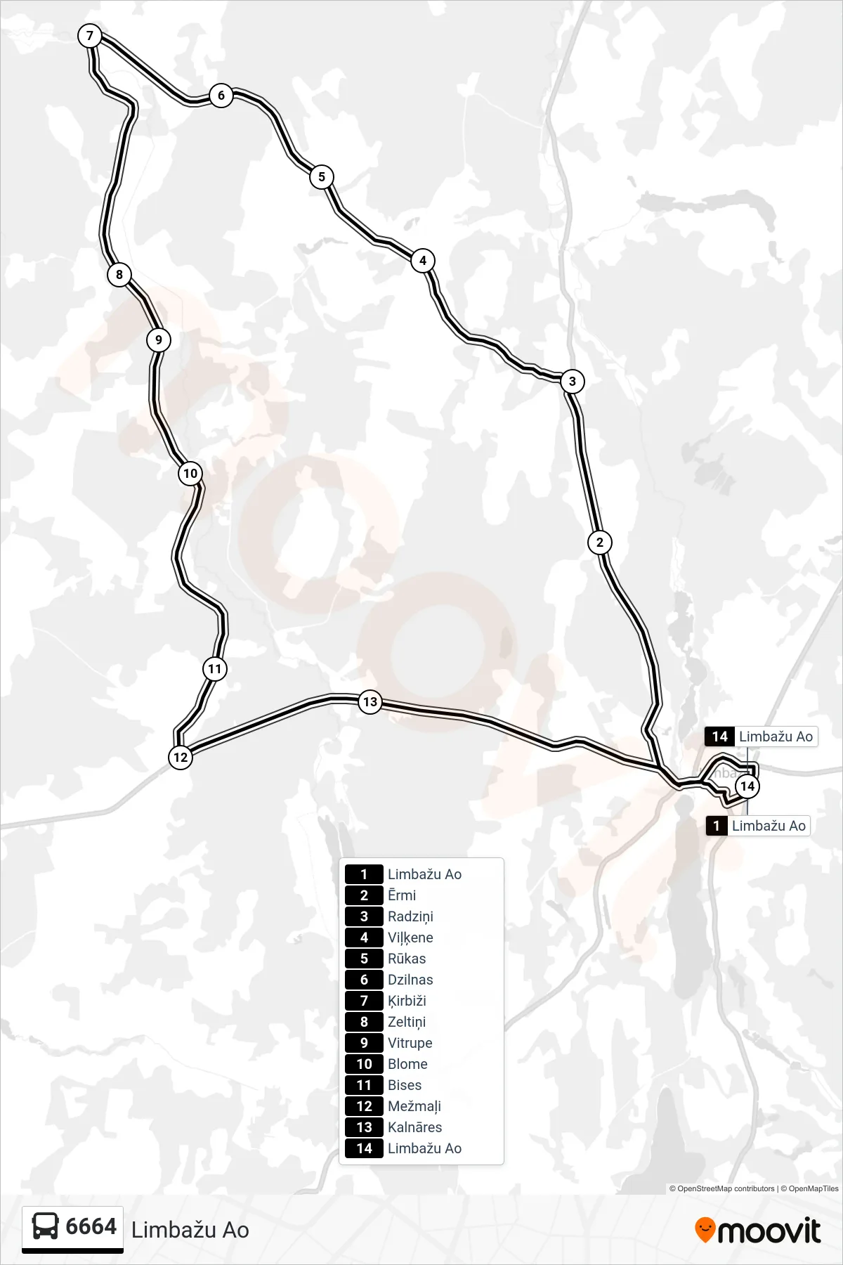6664 bus Line (Limbažu Ao) route and stops on a map
