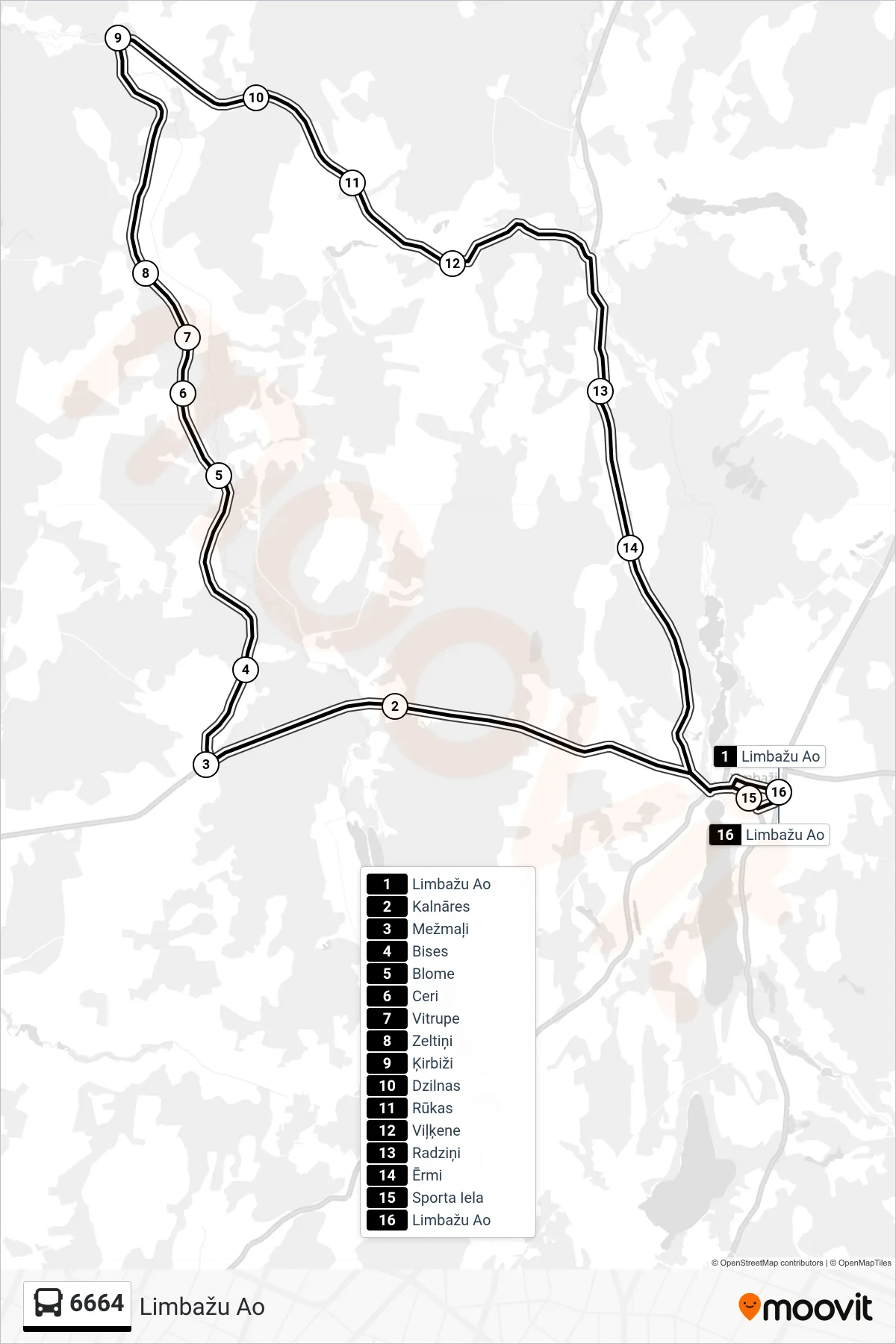 6664 bus Line (Limbažu Ao) route and stops on a map