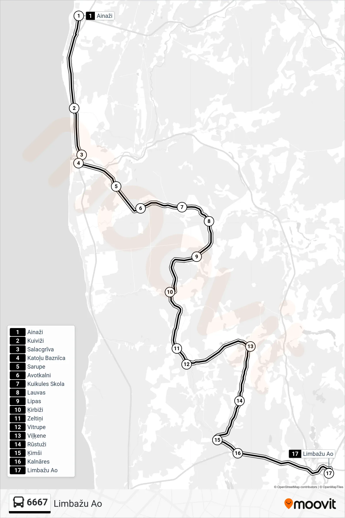 6667 bus Line (Limbažu Ao) route and stops on a map