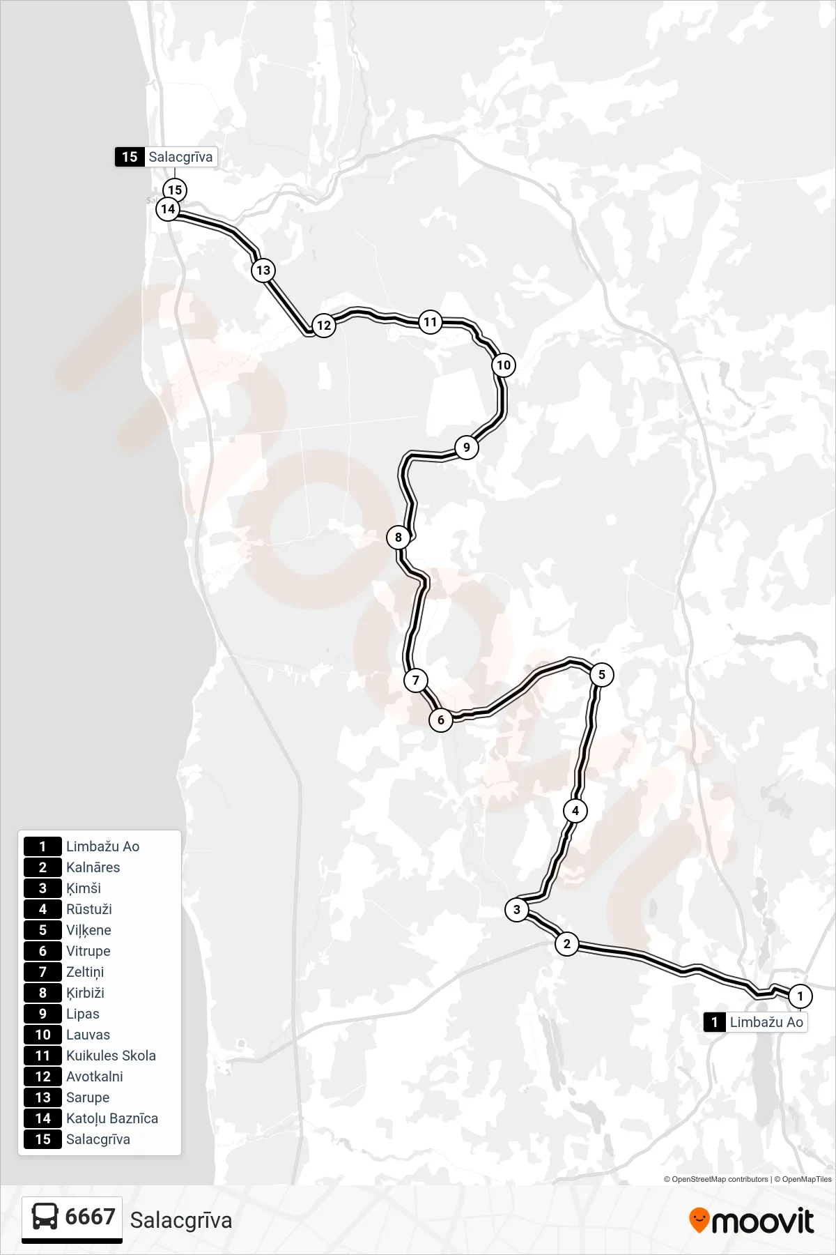 6667 bus Line (Salacgrīva) route and stops on a map
