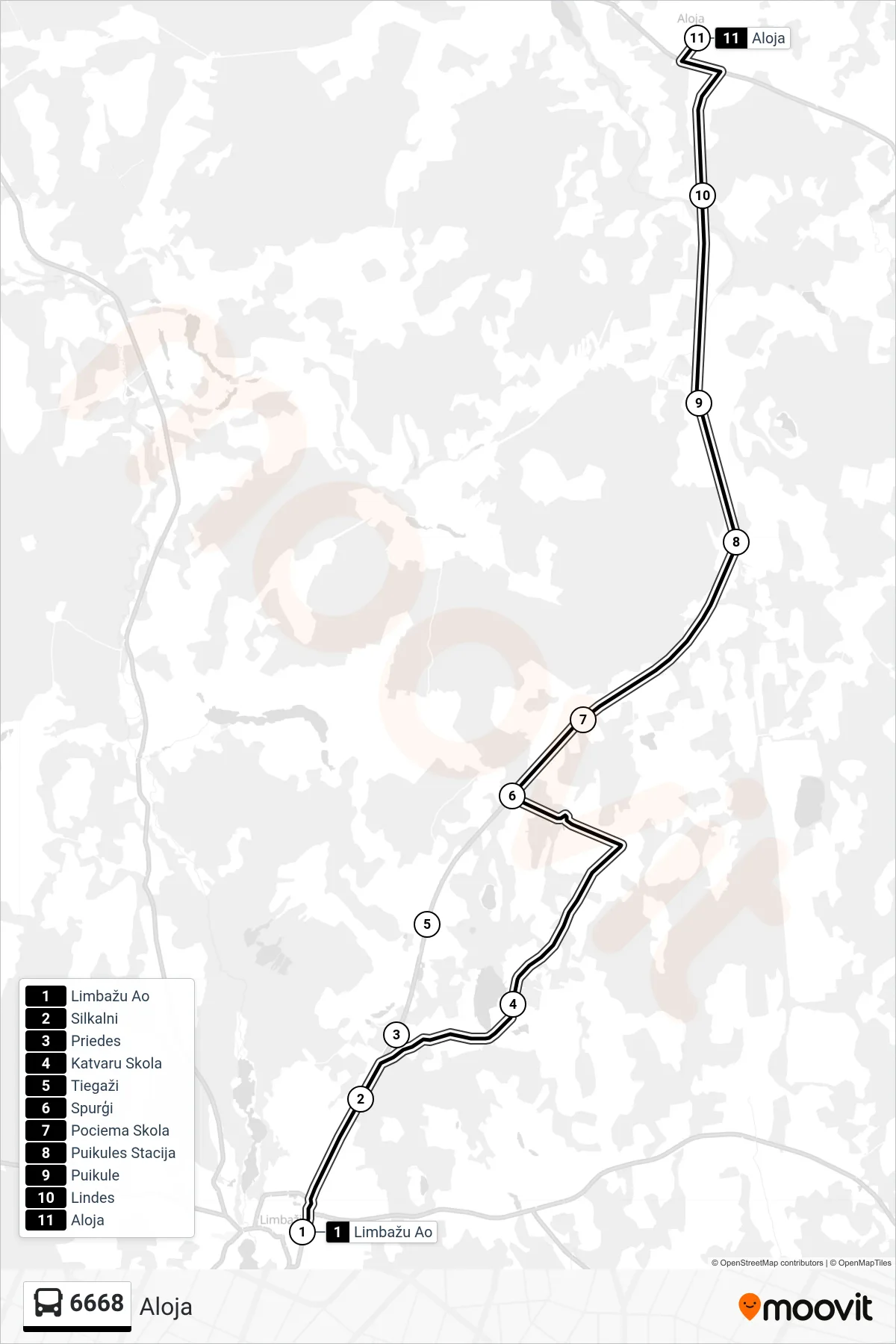 6668 bus Line (Aloja) route and stops on a map