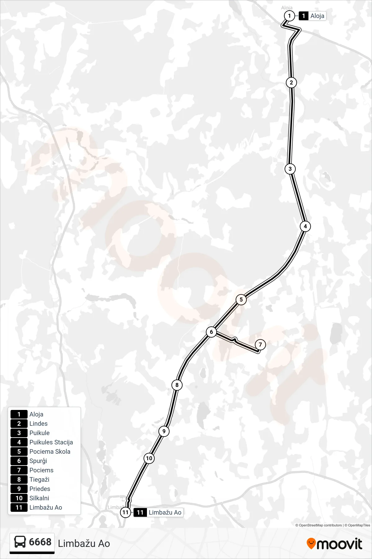 6668 bus Line (Limbažu Ao) route and stops on a map