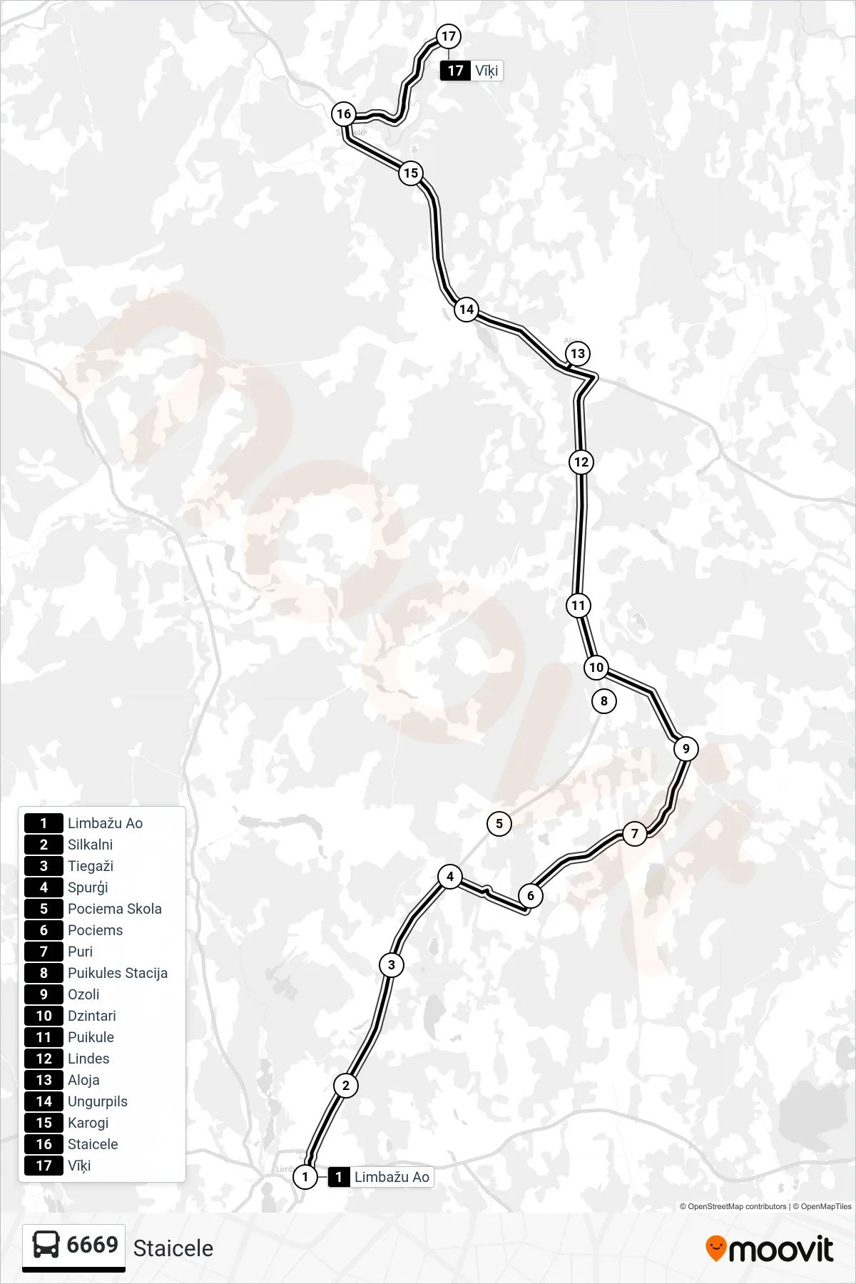 6669 bus Line (Staicele) route and stops on a map