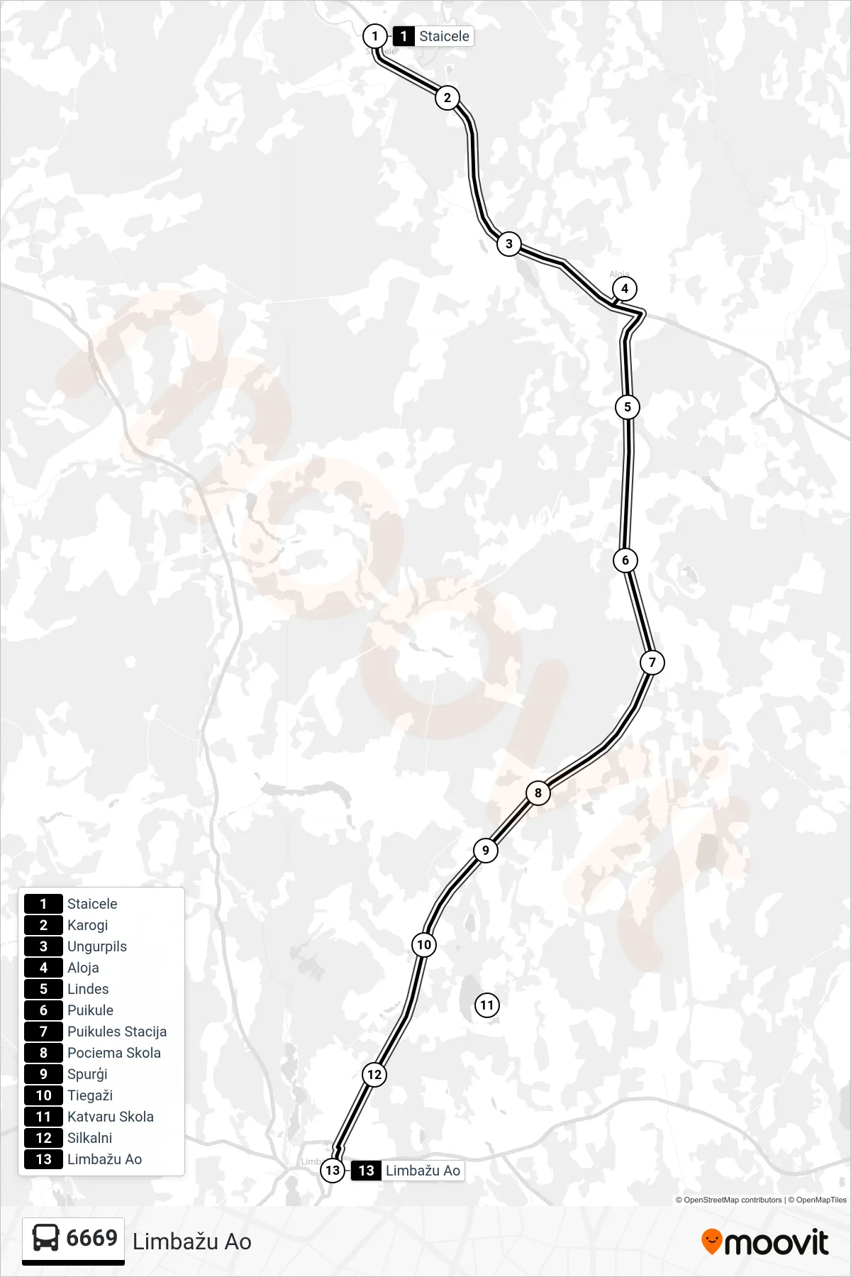 6669 bus Line (Limbažu Ao) route and stops on a map