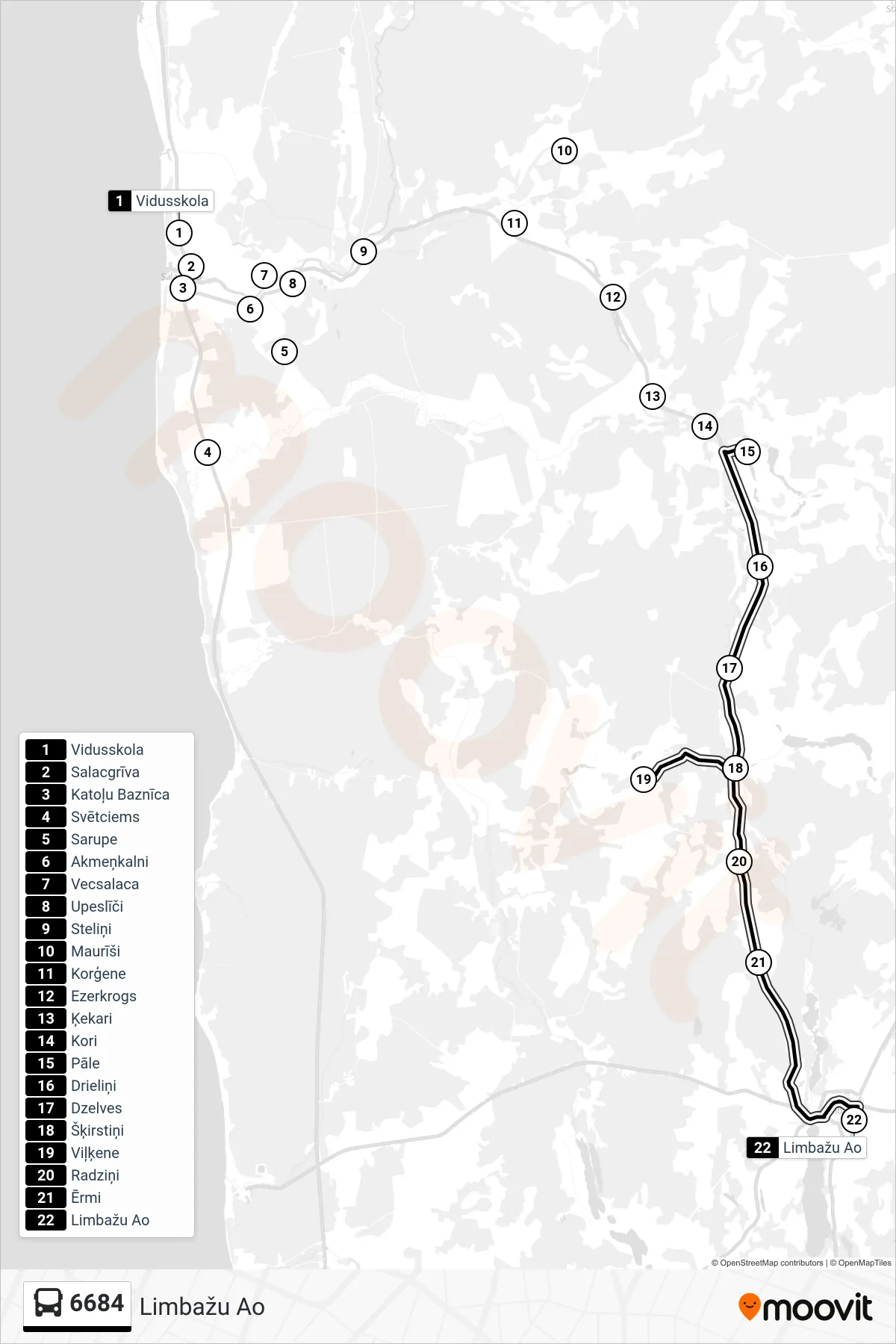 6684 bus Line (Limbažu Ao) route and stops on a map