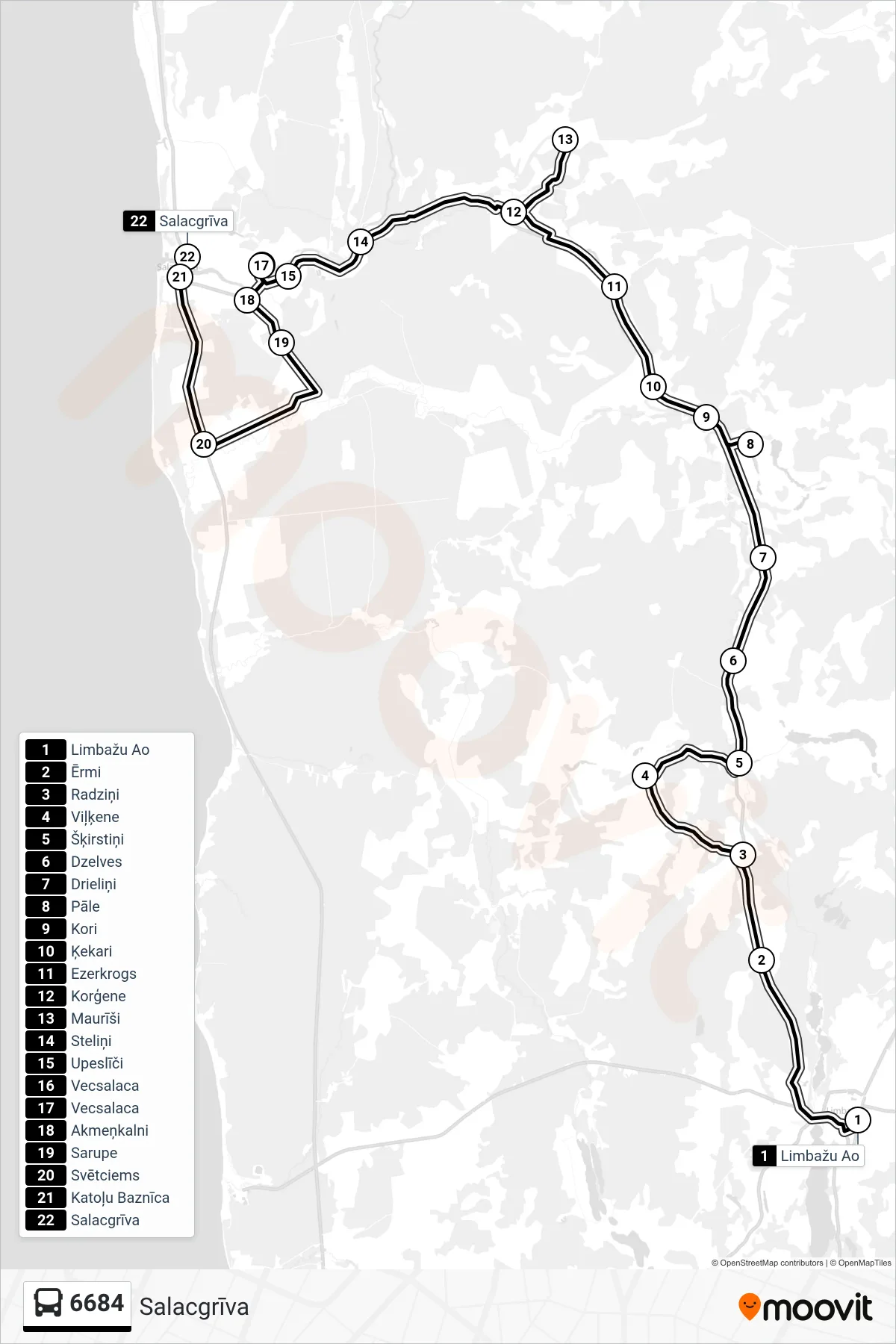 6684 bus Line (Salacgrīva) route and stops on a map