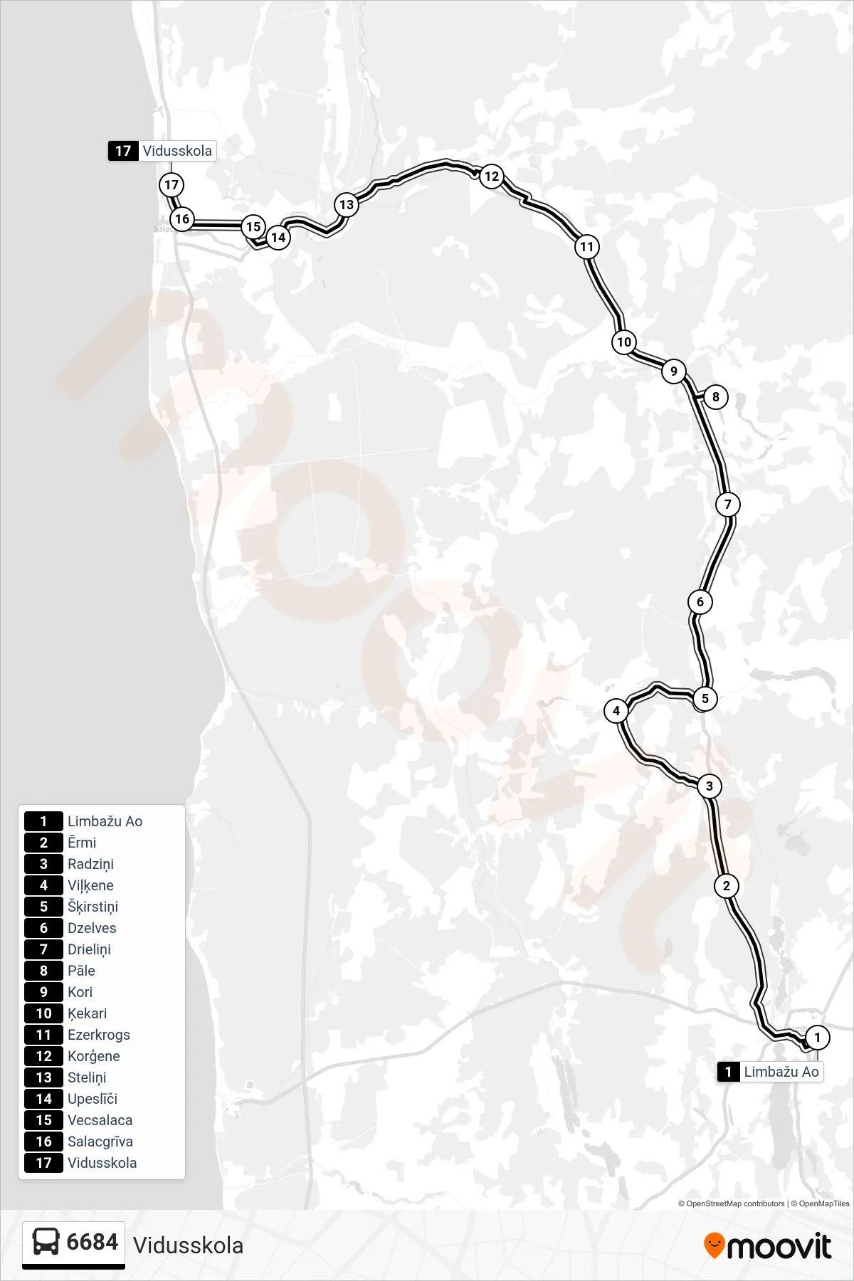 6684 bus Line (Vidusskola) route and stops on a map