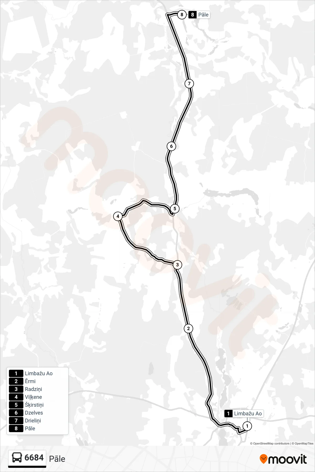 6684 bus Line (Pāle) route and stops on a map