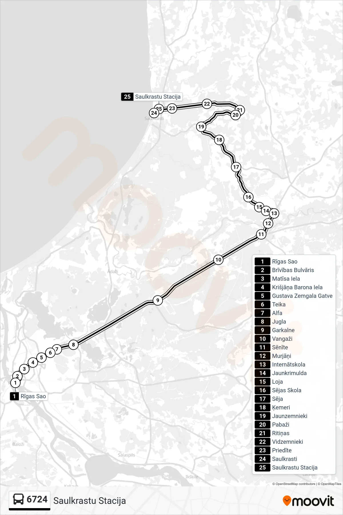 6724 bus Line (Saulkrastu Stacija) route and stops on a map