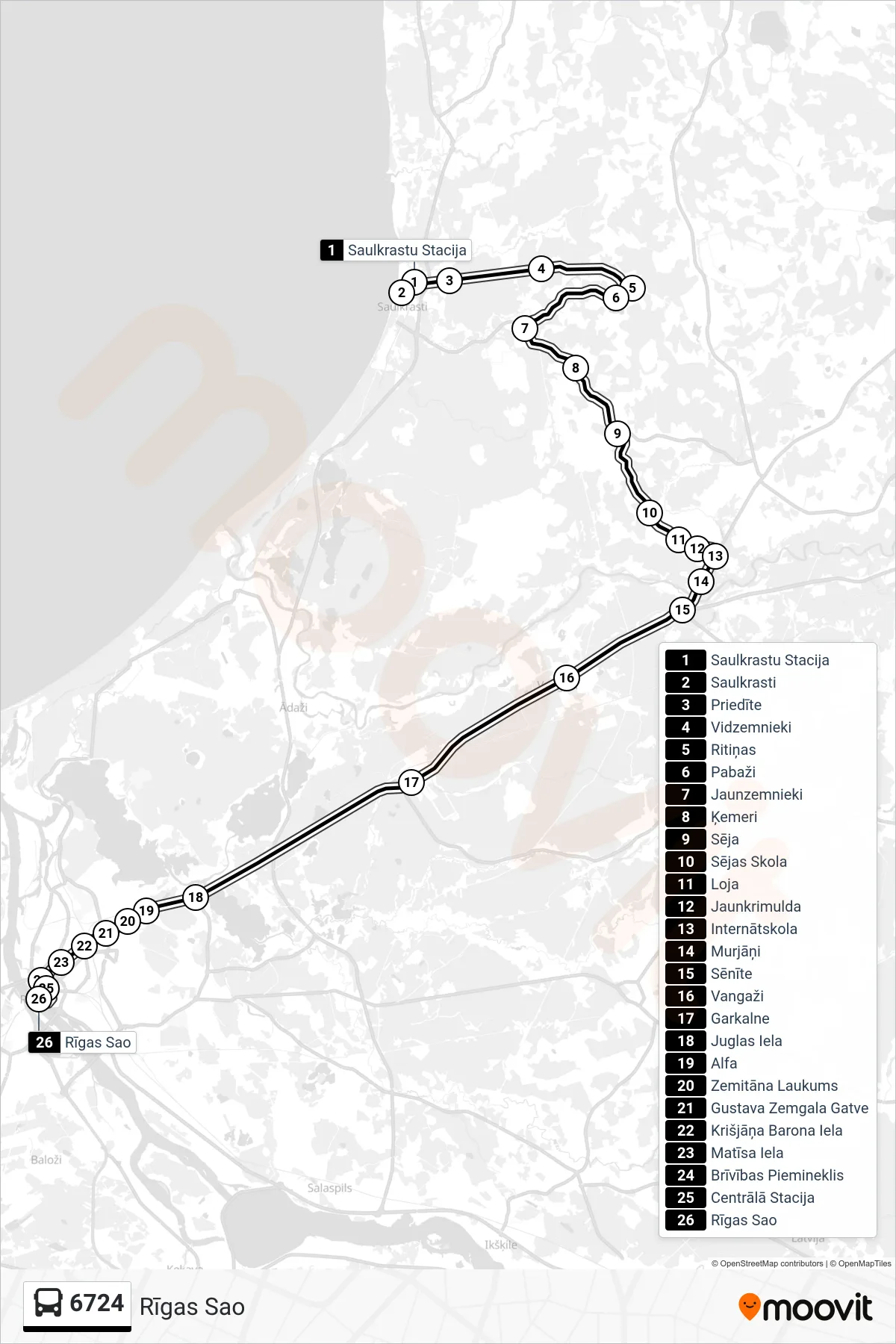 6724 bus Line (Rīgas Sao) route and stops on a map