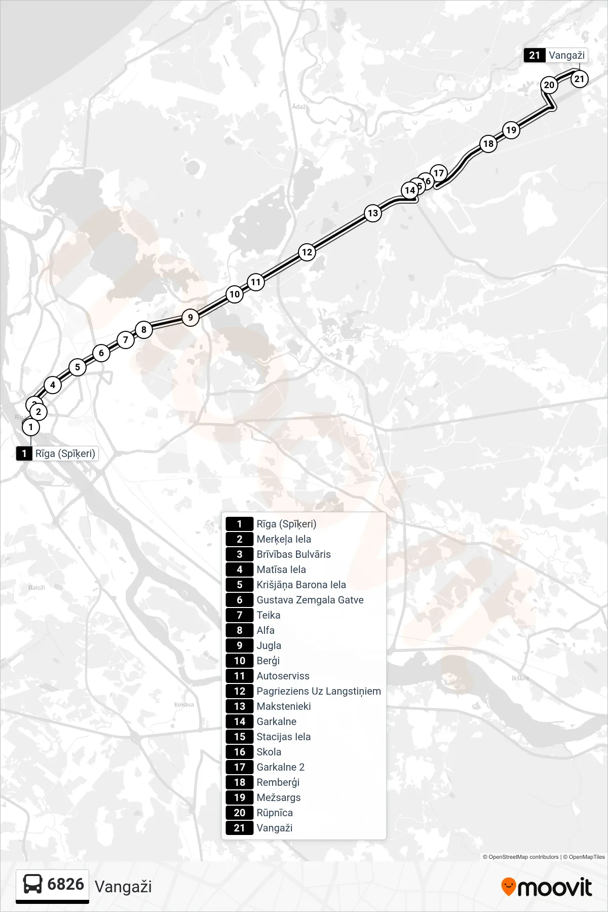 6826 bus Line (Vangaži) route and stops on a map