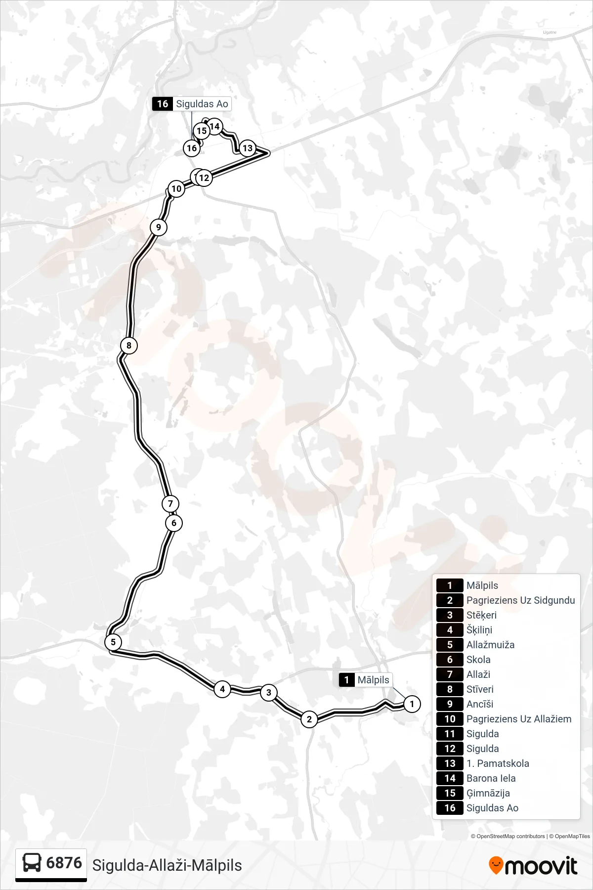 6876 bus Line (Siguldas Ao) route and stops on a map
