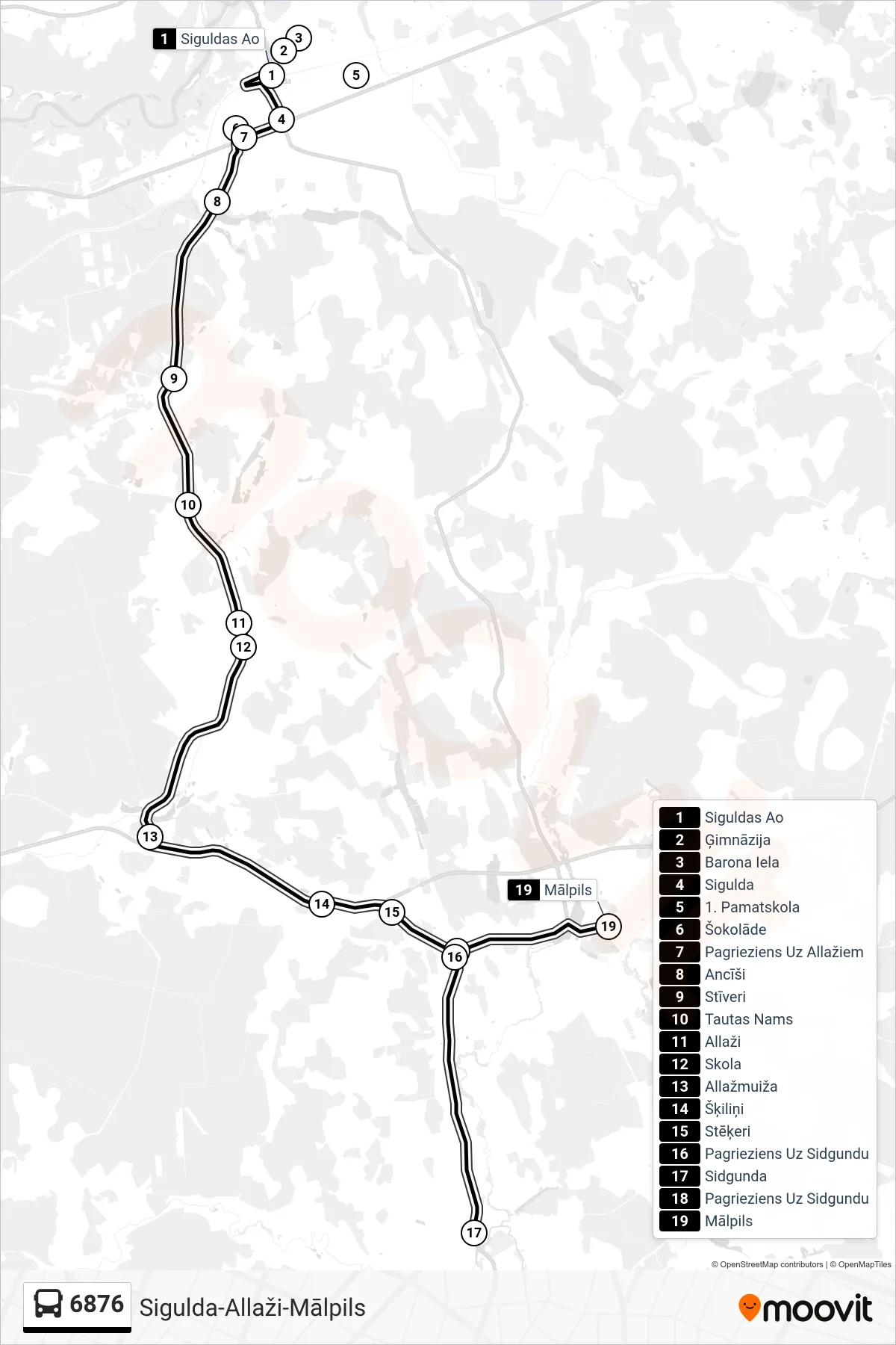 6876 bus Line (Mālpils) route and stops on a map