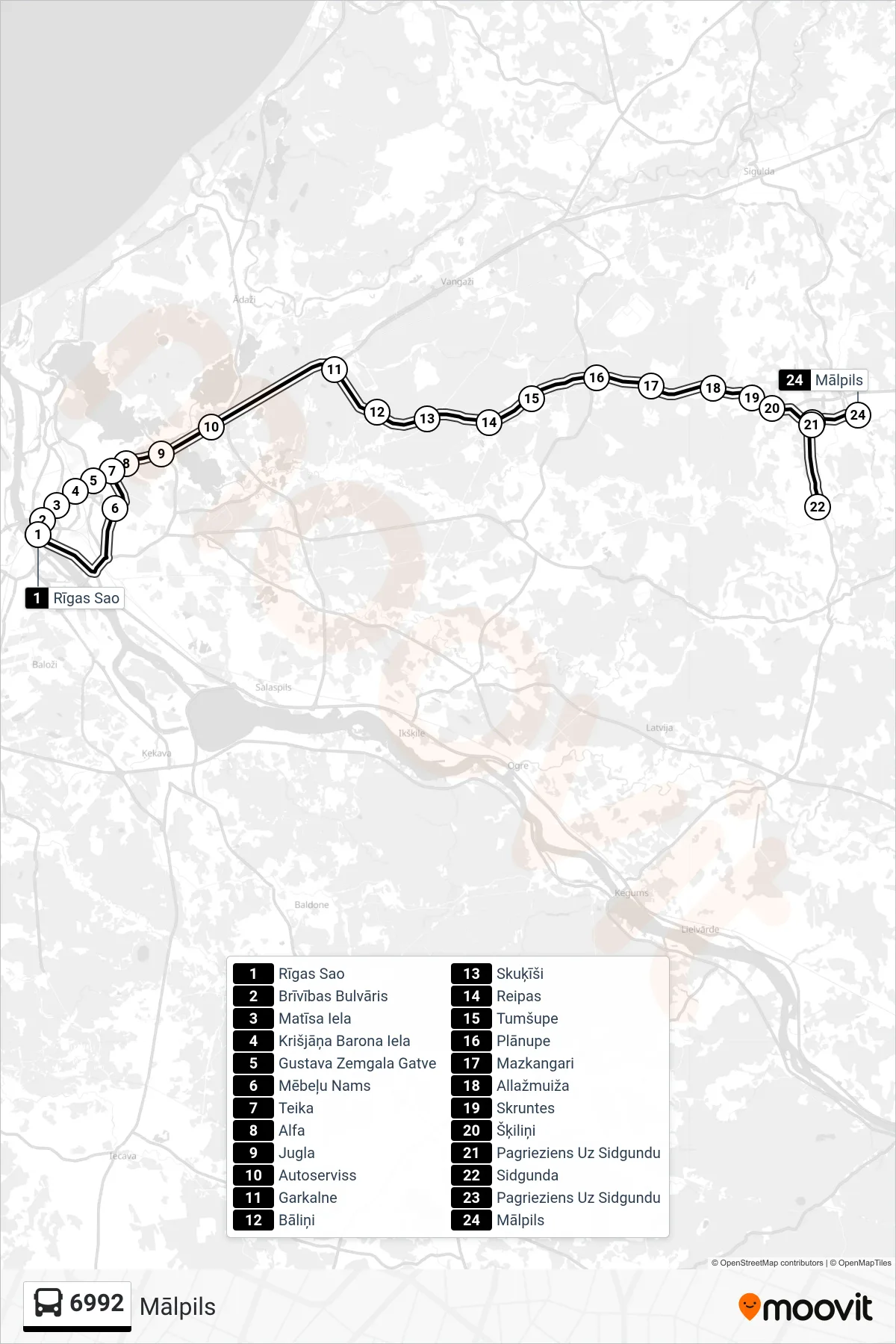 6992 bus Line (Mālpils) route and stops on a map