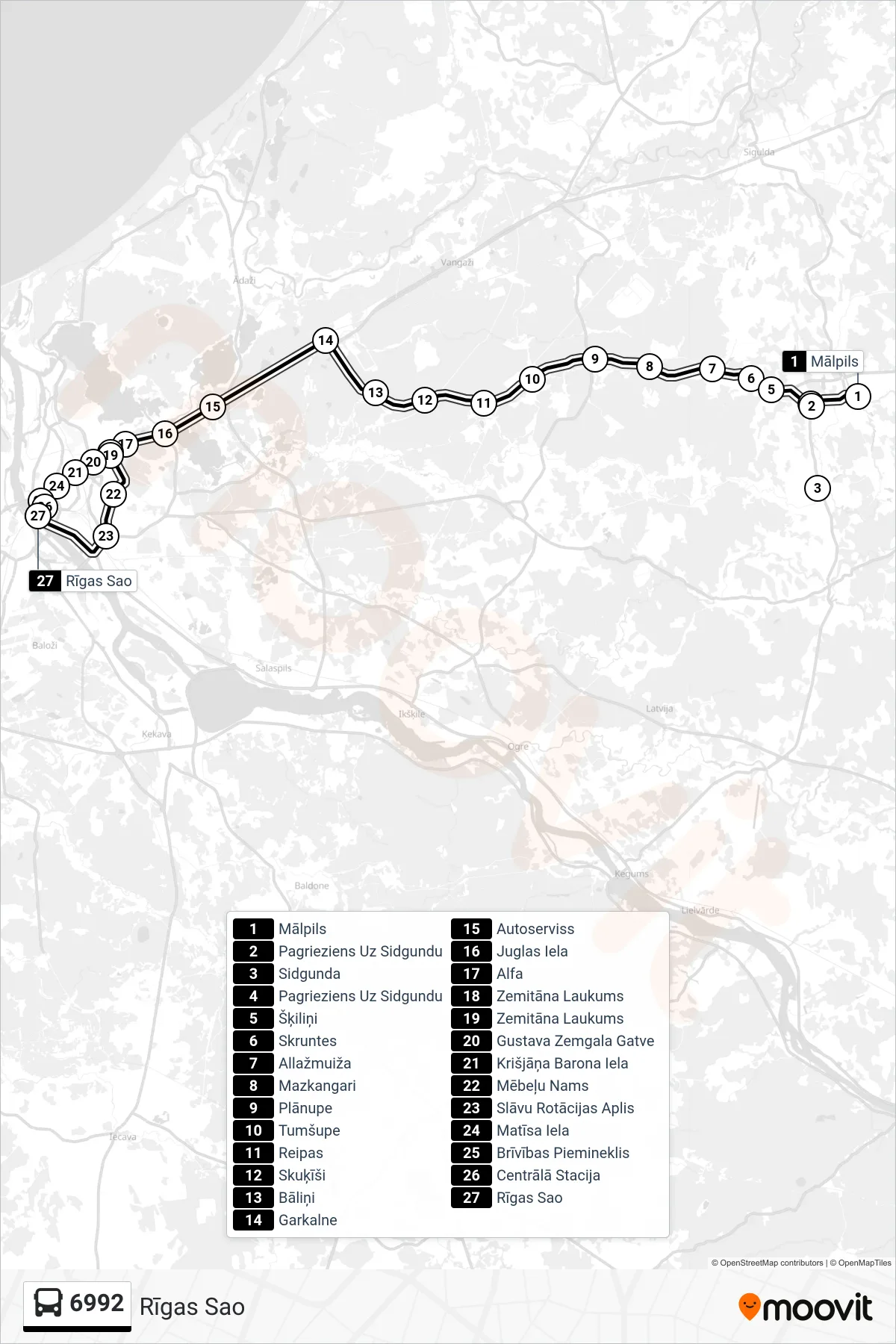 6992 bus Line (Rīgas Sao) route and stops on a map
