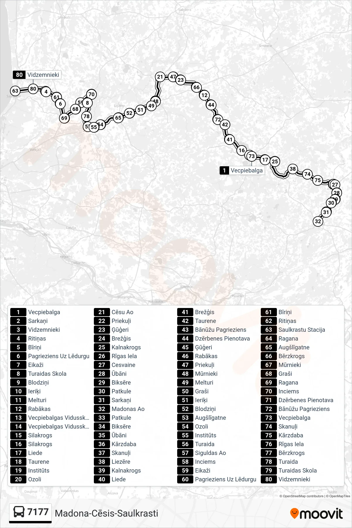 7177 bus Line (Saulkrastu Stacija) route and stops on a map