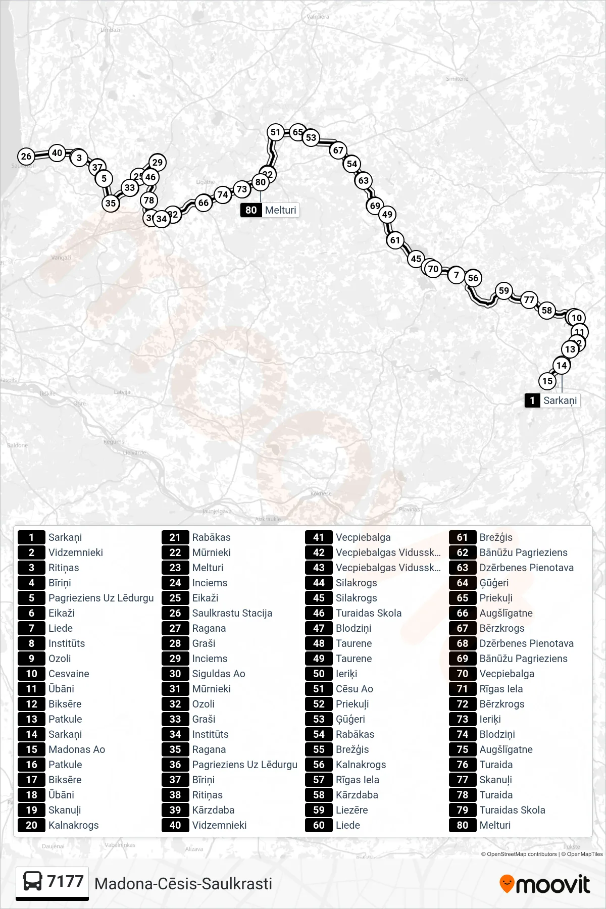 7177 bus Line (Madonas Ao) route and stops on a map