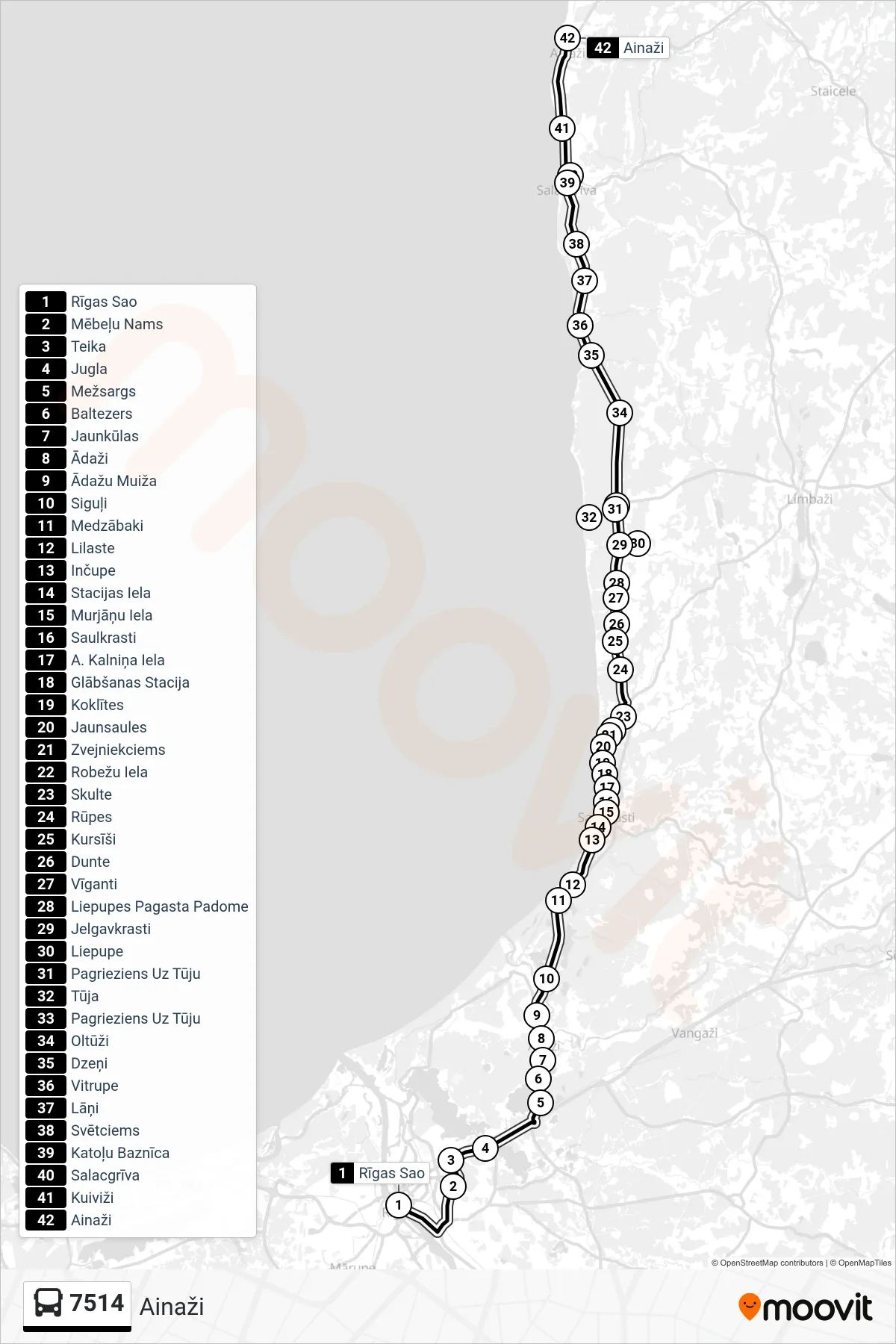 7514 bus Line (Ainaži) route and stops on a map