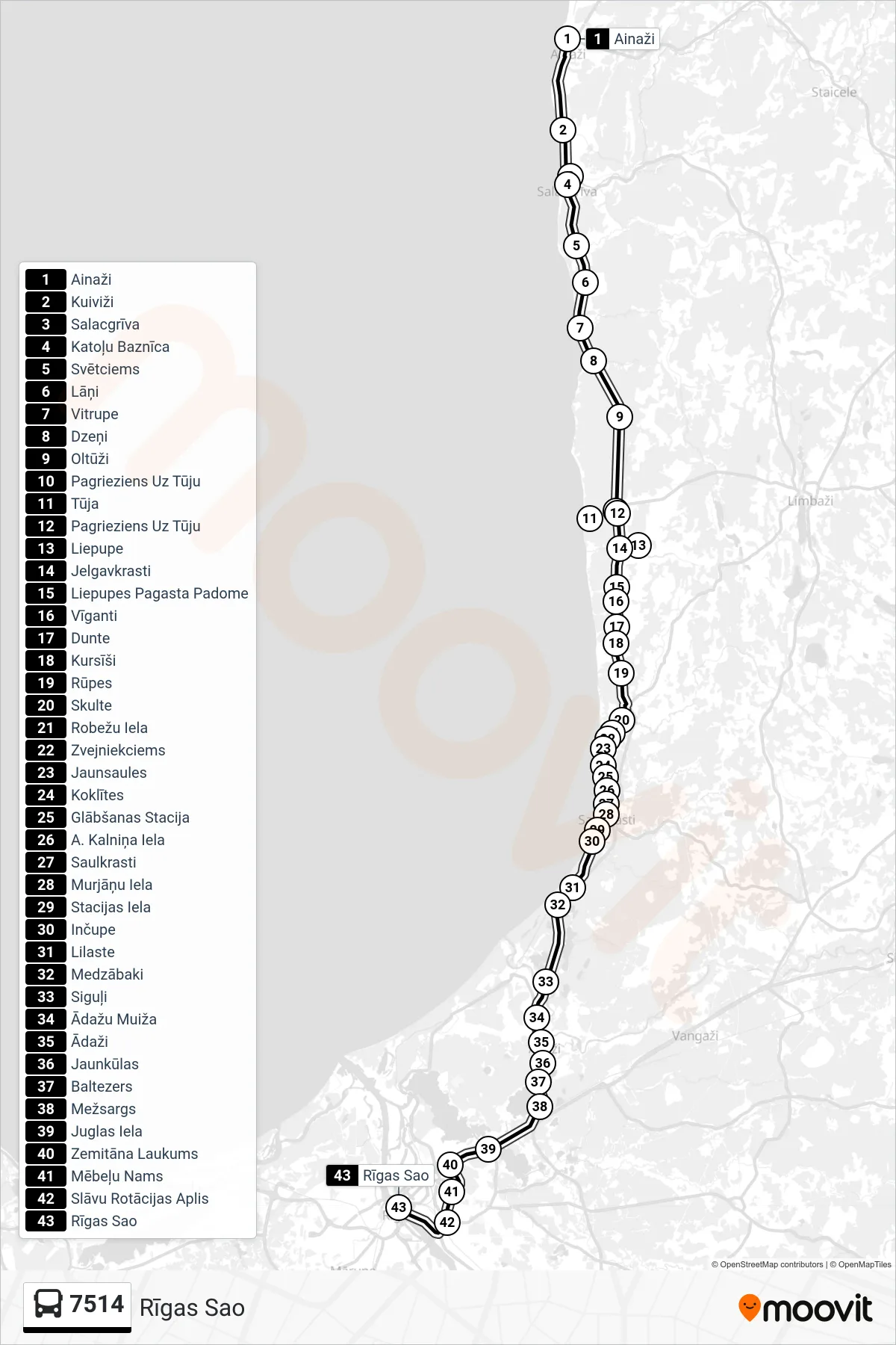 7514 bus Line (Rīgas Sao) route and stops on a map