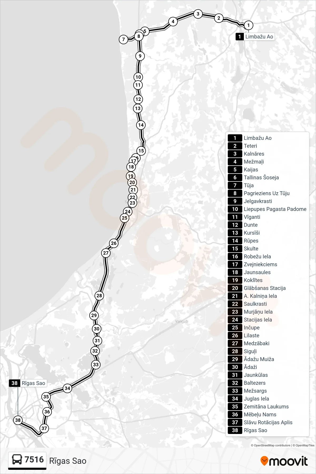 7516 bus Line (Rīgas Sao) route and stops on a map