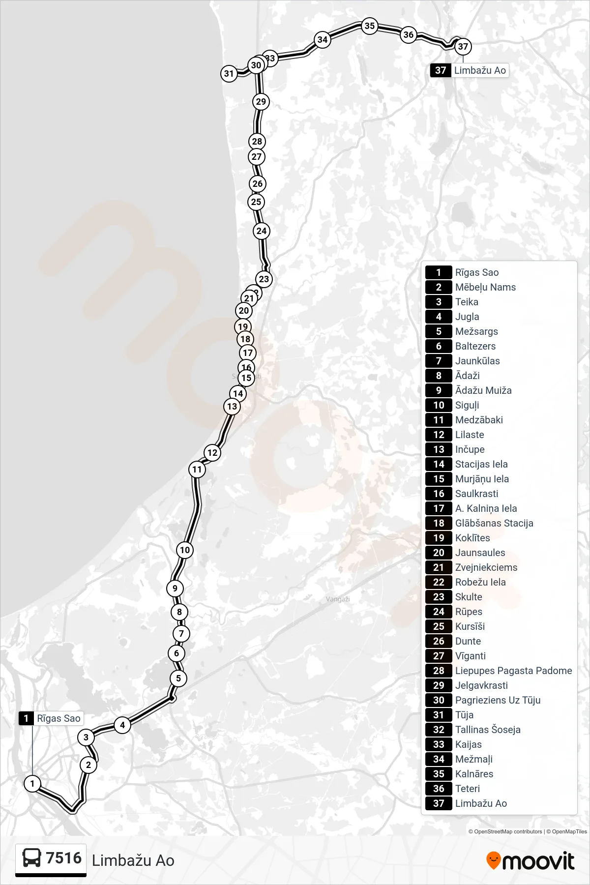7516 bus Line (Limbažu Ao) route and stops on a map