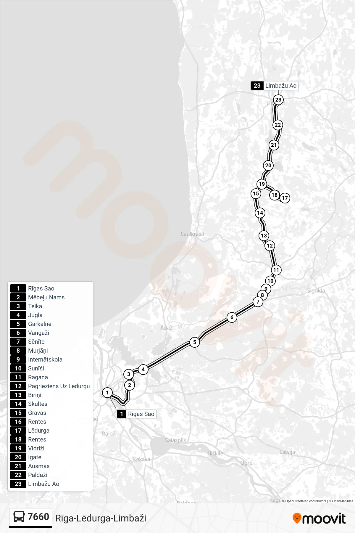 7660 bus Line (Limbažu Ao) route and stops on a map